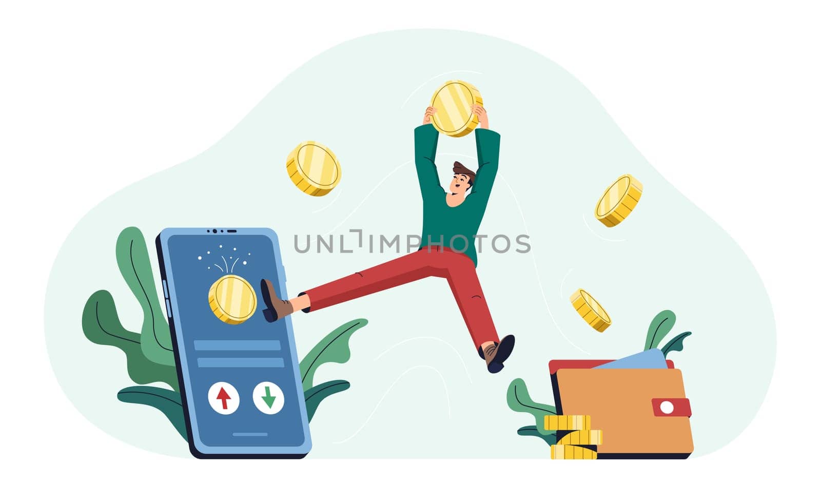 Cashback flat vector illustration. Happy man with golden coins receive cash, get rewards for online shopping. Money transfer from mobile app on e-wallet. Cash back, refund bonus or financial savings.