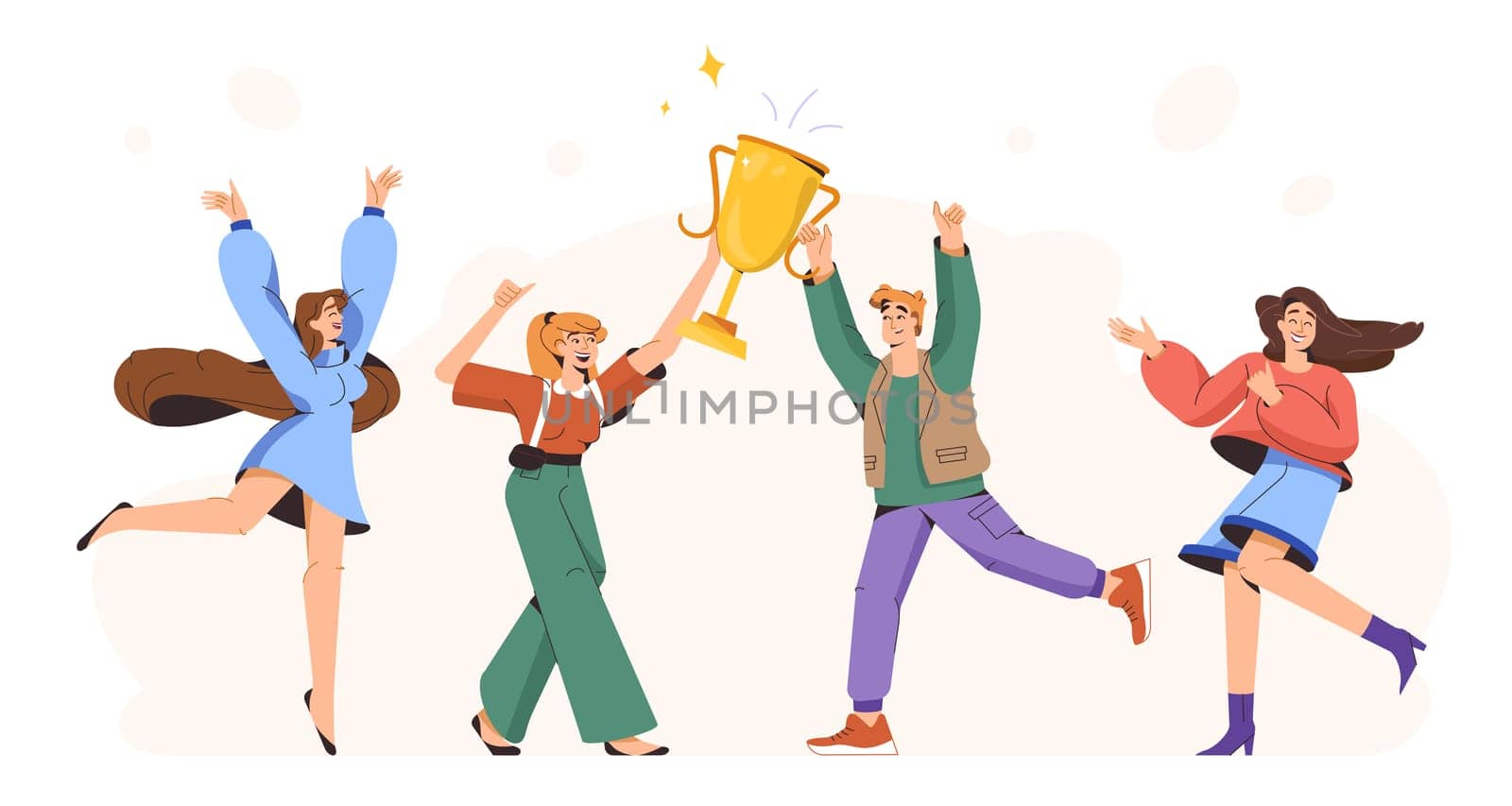 Flat happy young people holding golden trophy. Group of joyful winners with champion cup celebrate victory win, rejoice of success together. Competition champions hold goblet. Team achievement award.