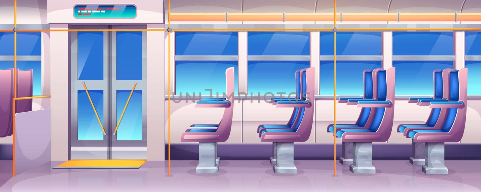 Cartoon bus interior with chairs, window and handrails. Public city transport with digital display above entrance and exit doors. Train or autobus inside with comfortable passenger seats with armrests