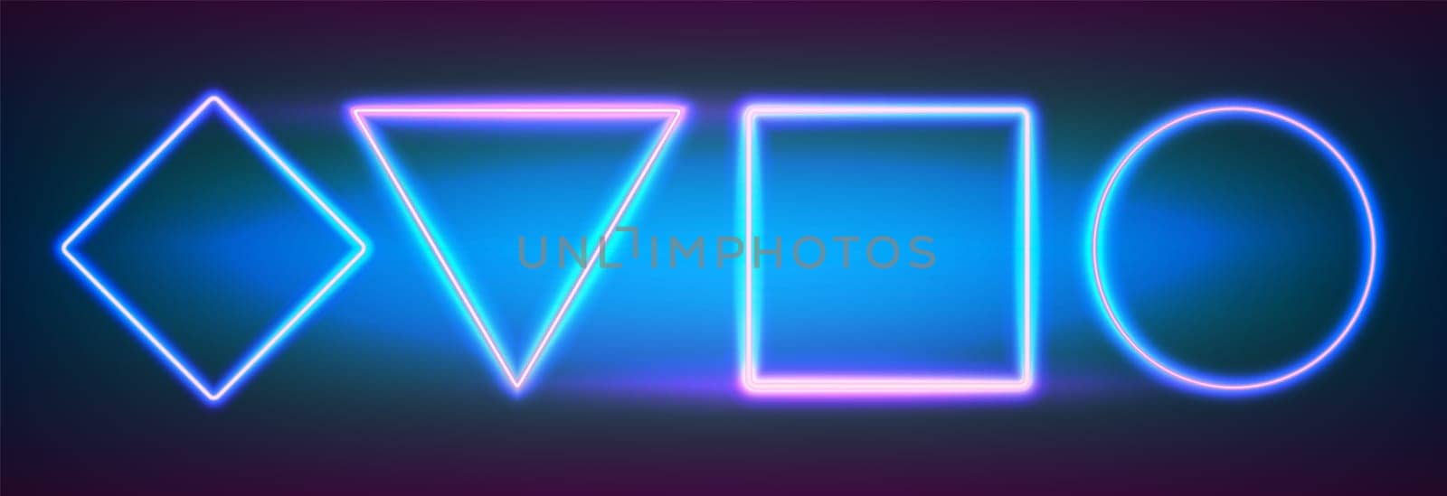 Realistic neon set frames different geometric shapes with led backlighting. Glowing fluorescent border on dark background. Bright illuminated shape of triangle, square, circle and rhombus form.