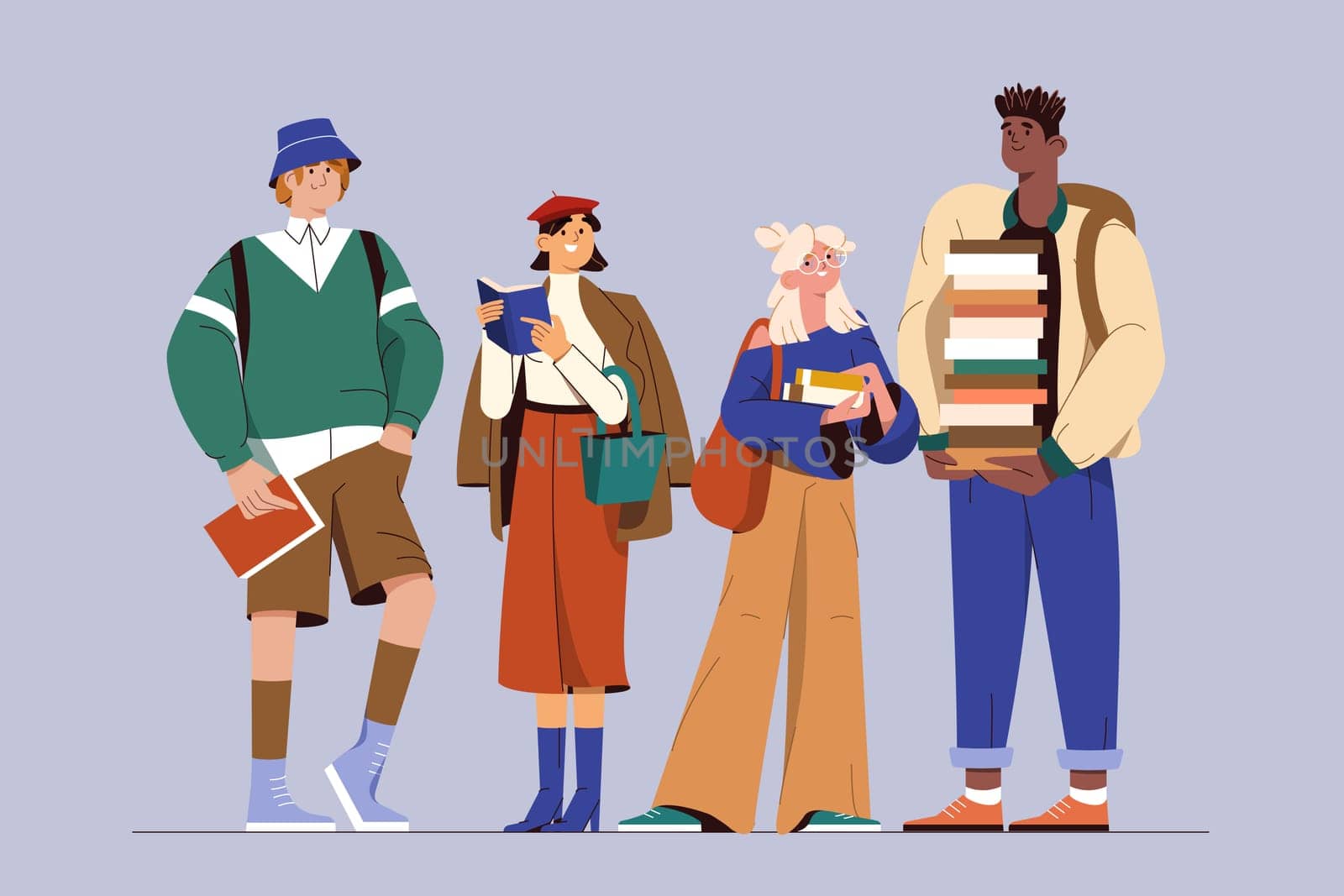Flat group of young smiling college or university students with books and backpacks standing together. Diverse teenagers in modern clothes. Happy multicultural people, cheerful teen girls and guys.