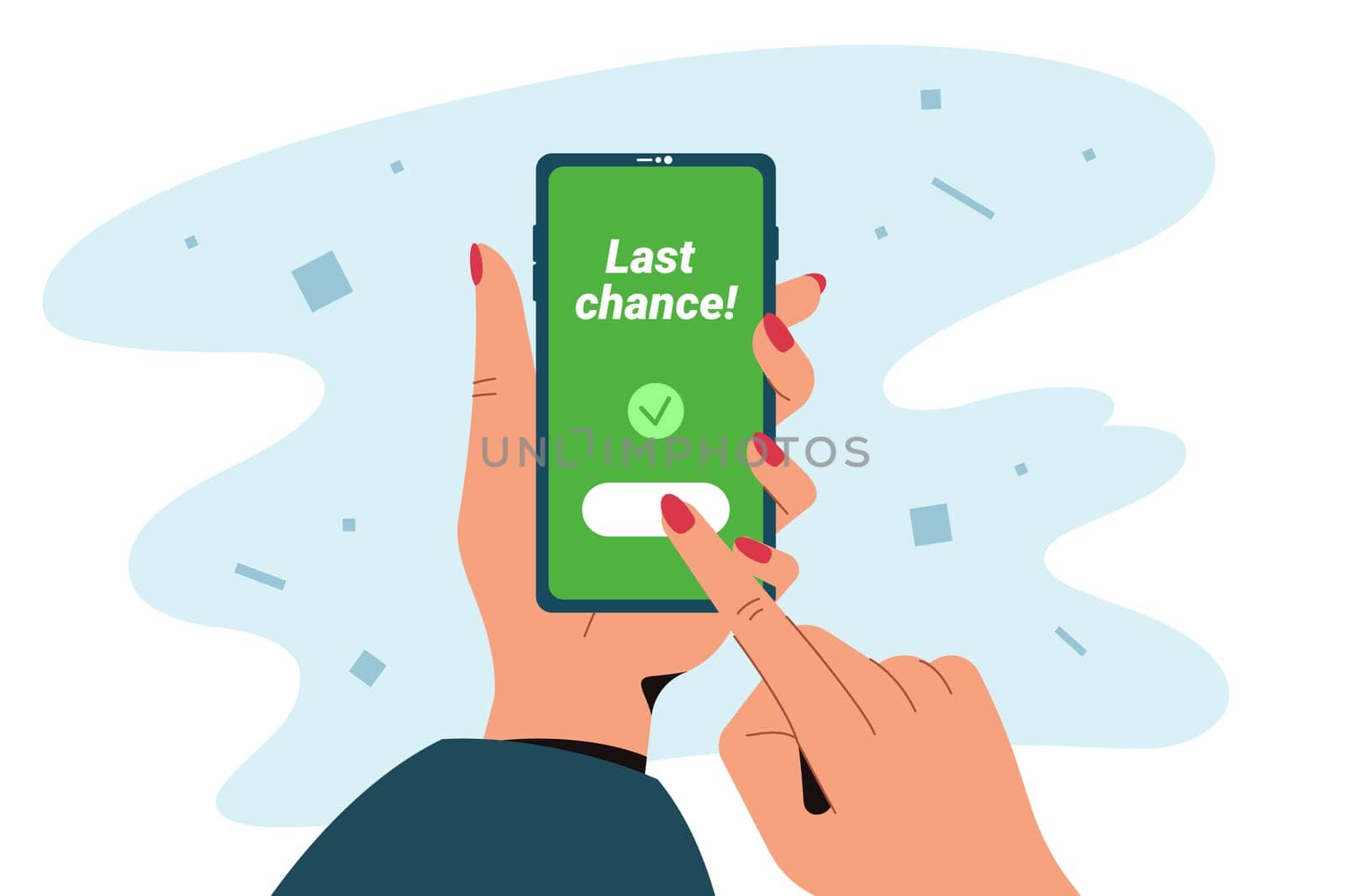 Last chance flat vector illustration. Human hand with mobile phone buy online at special best price. Final discount or mega sale concept. Advertising discounts or promotional offer. Smartphone message