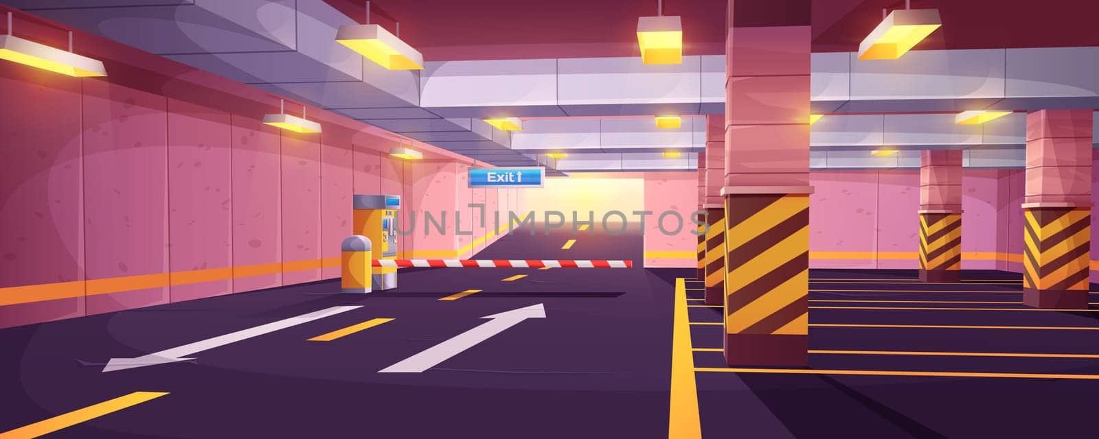 Cartoon empty underground with barrier to exit and car parking payment system. Indoor interior of garage in city shopping mall with marking road, auto park places, columns and guiding arrows on floor.