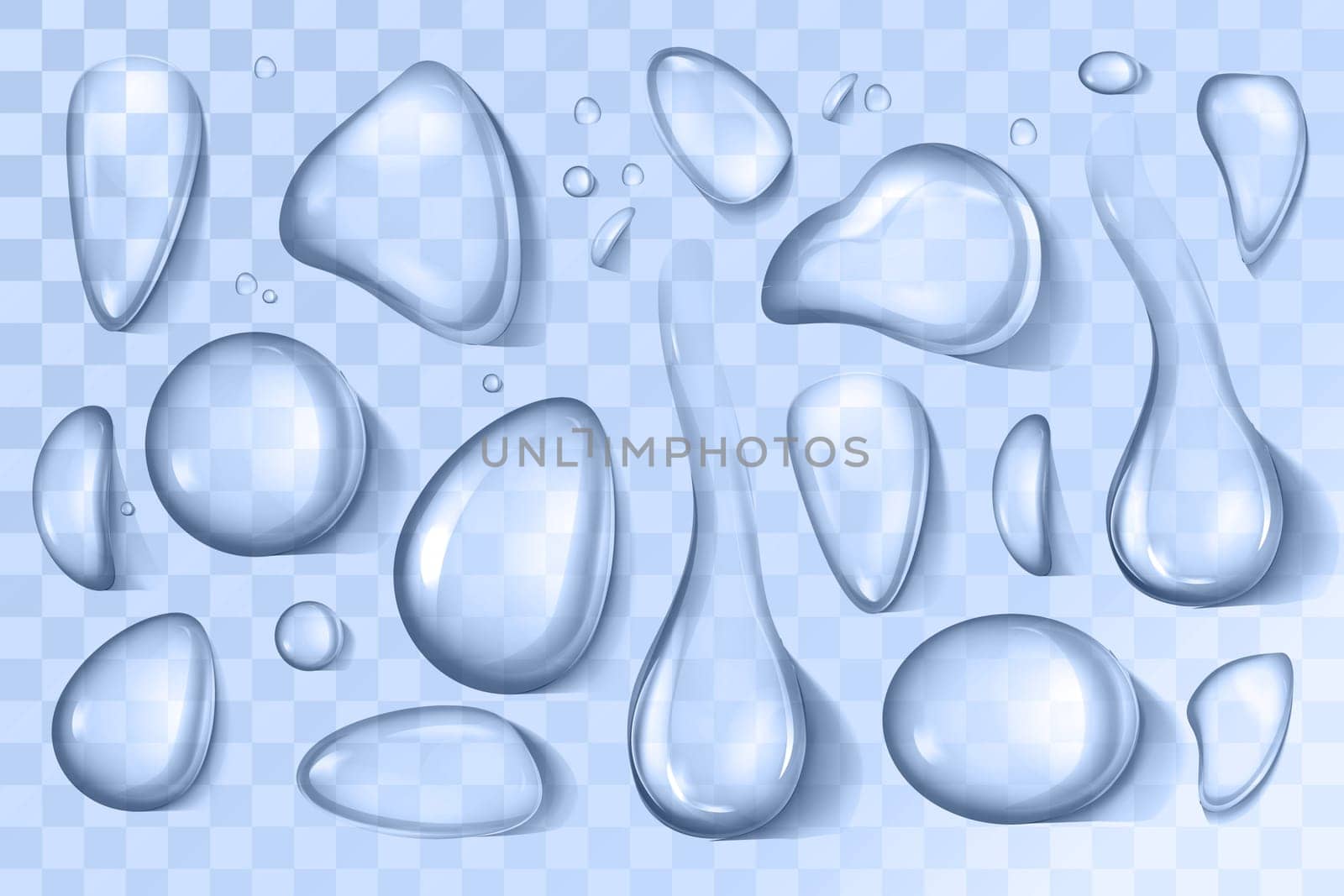 Vector realistic set of liquid droplet different shapes. Pure aqua flows, condensed water on cool glass surface. Closeup abstract fresh blue waterdrops isolated on transparent background.