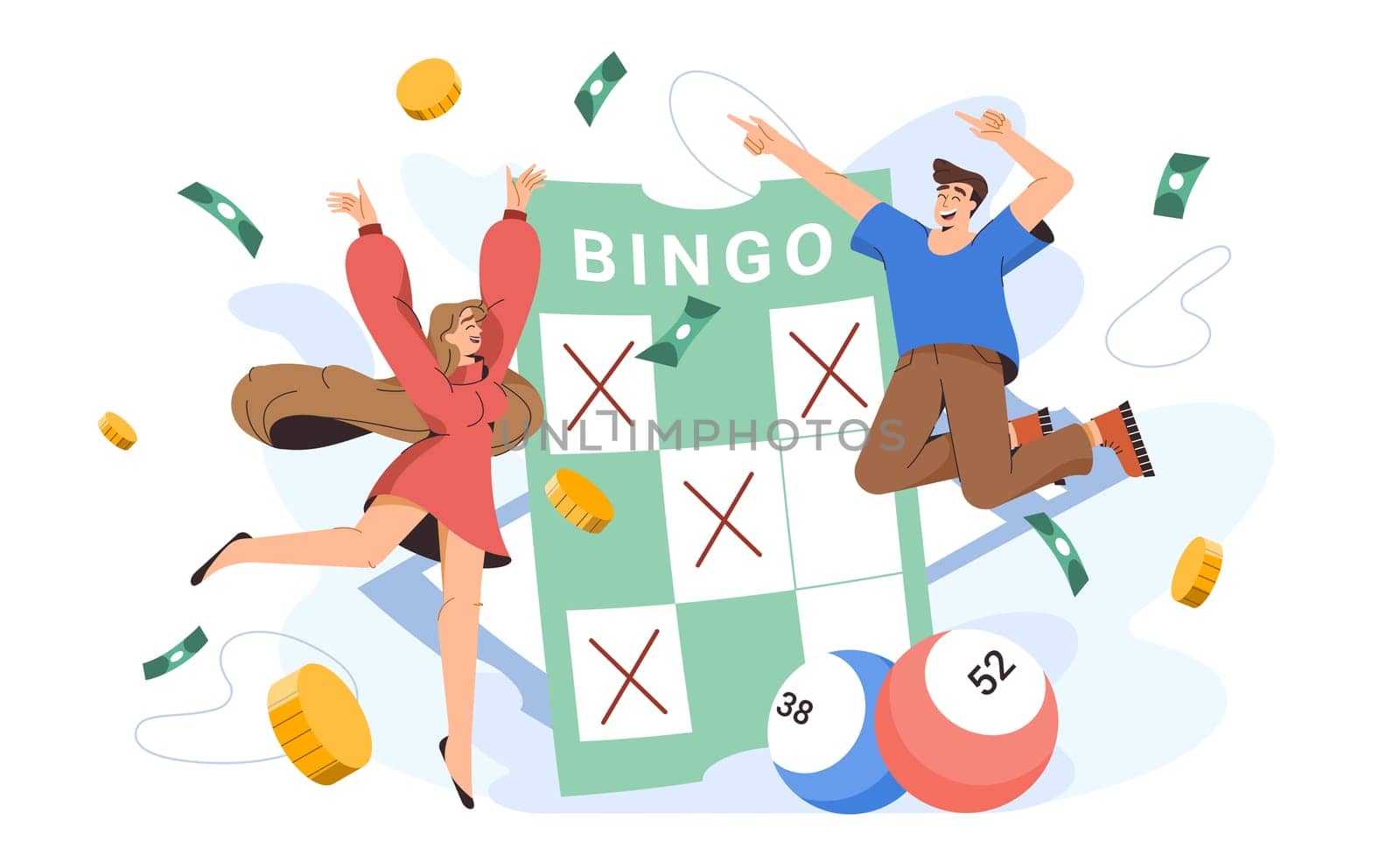 Flat happy people near bingo card with lucky ball numbers. Young excited characters with winning ticket of keno gambling game. Joyful lottery winners of lotto jackpot, casino gamble leisure.