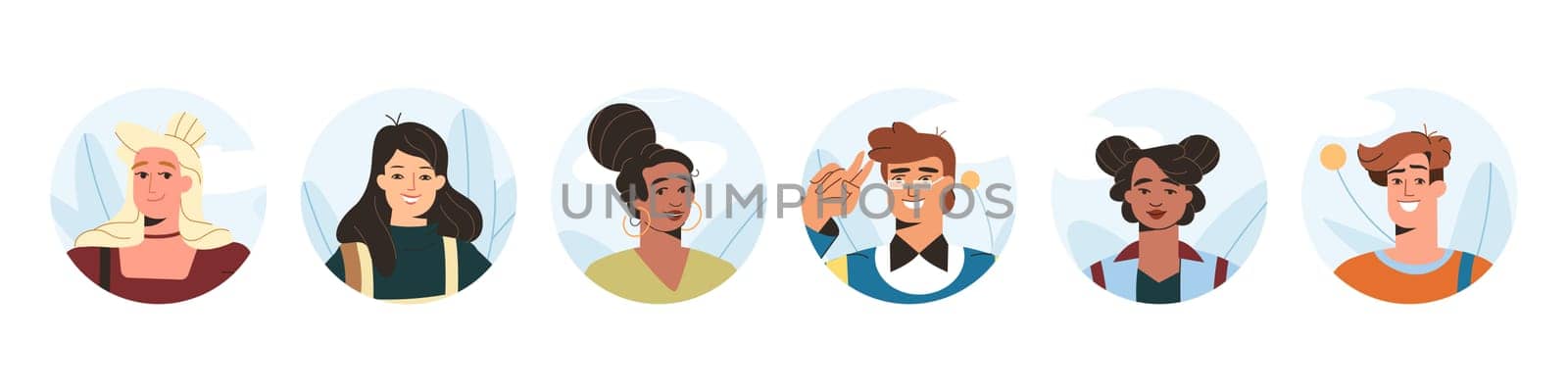 Set of smiling young people avatar. Happy man and woman faces at circle flat vector illustration. Different student characters portrait or joyful teenagers isolated on white background