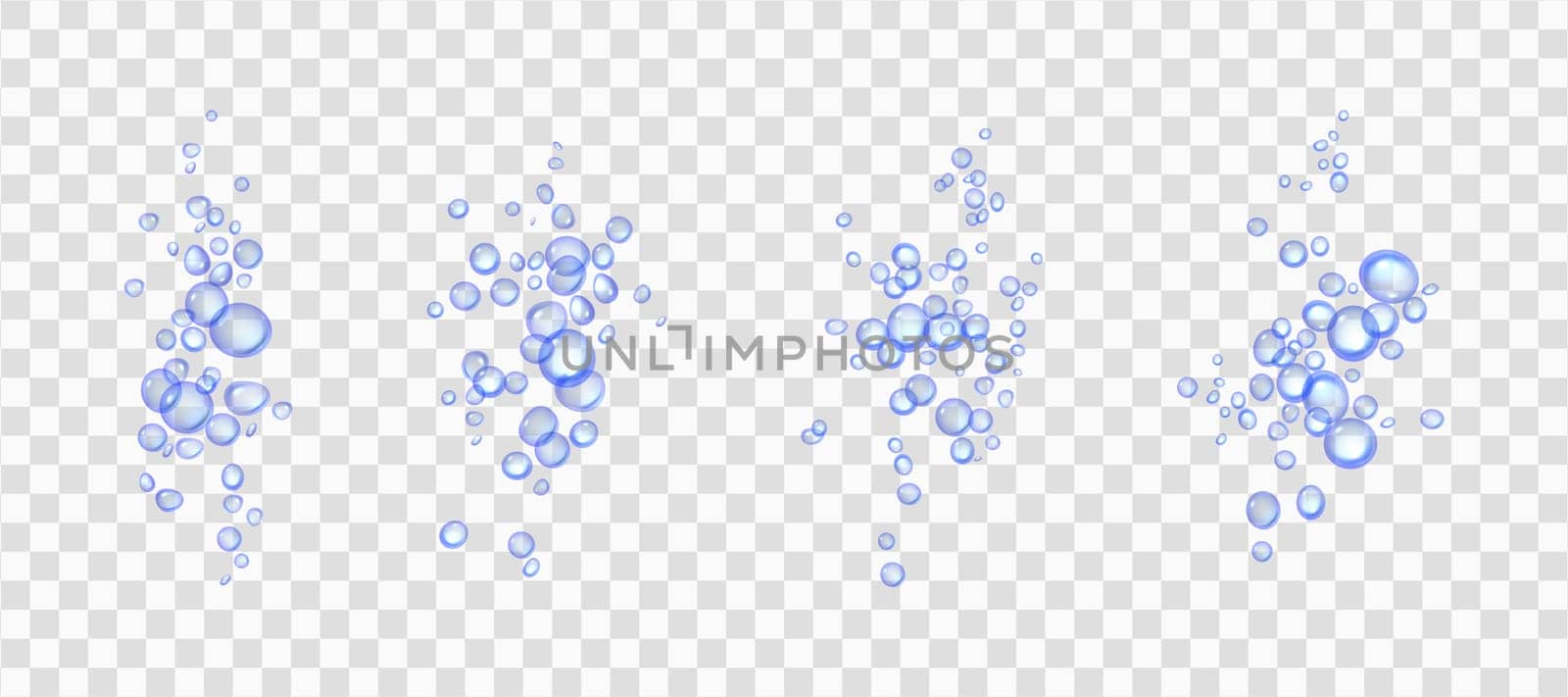 Effervescent water or oxygen fizz, blue air bubbles realistic 3d vector illustration. Moving underwater fizzing. Champagne or soda drink design elements isolated on transparent background.