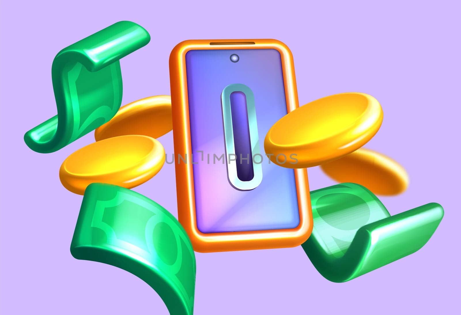 Cashback for online shopping 3D vector illustration. Mobile phone with gold coins and green paper dollars. Money back from e-commerce purchase. Financial savings and cash income concept.