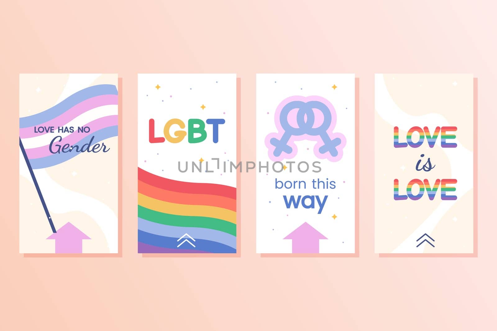 Flat vector poster set with LGBTQ equality symbols for gay or lesbian rights. Banner with LGBT rainbow and transgender flag. Colorful social media post template. Cards for pride month. Gender identity