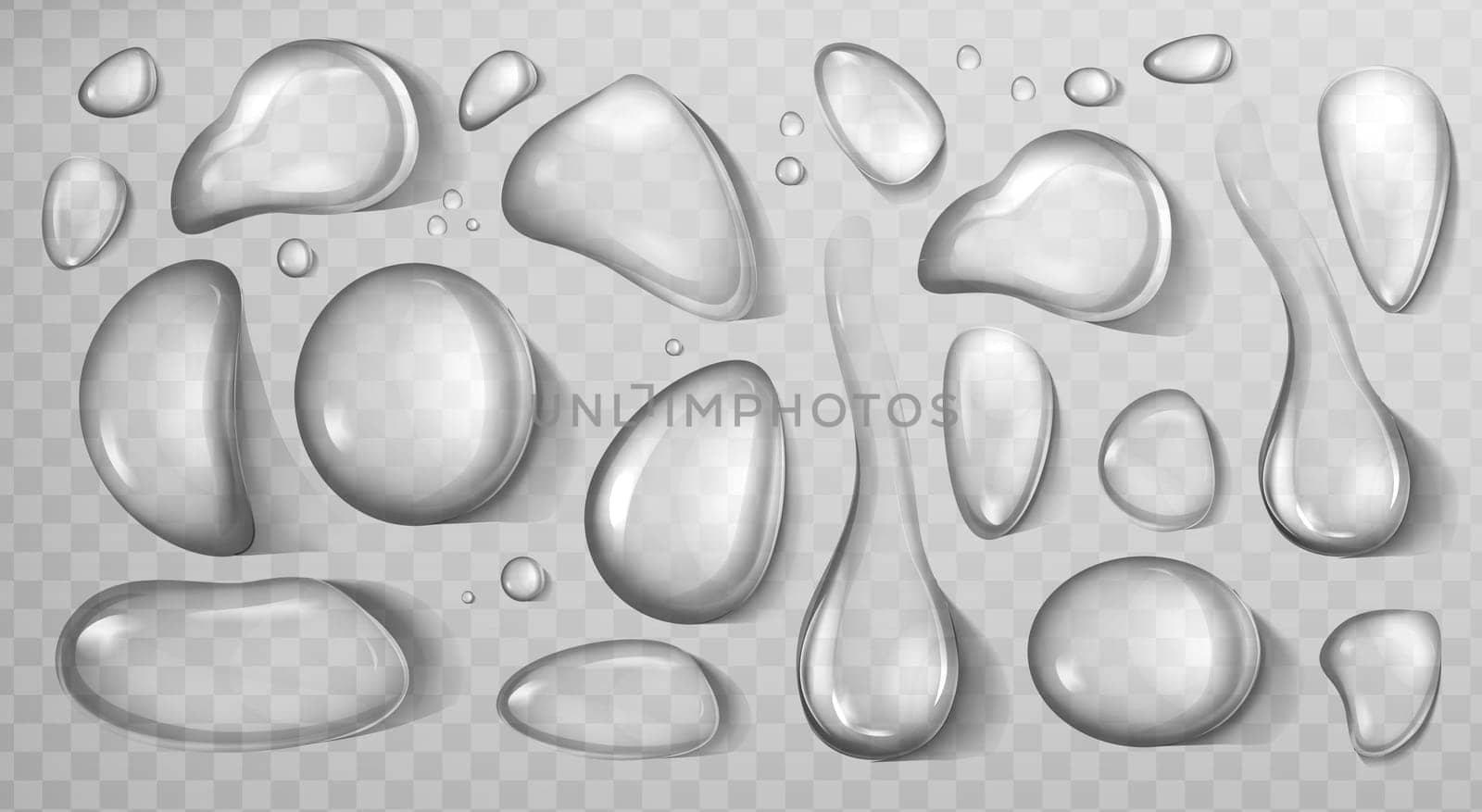 Vector realistic set of liquid droplet different shapes. Pure aqua flows, condensed water on cool glass surface. Closeup fresh water drops isolated on transparent background.