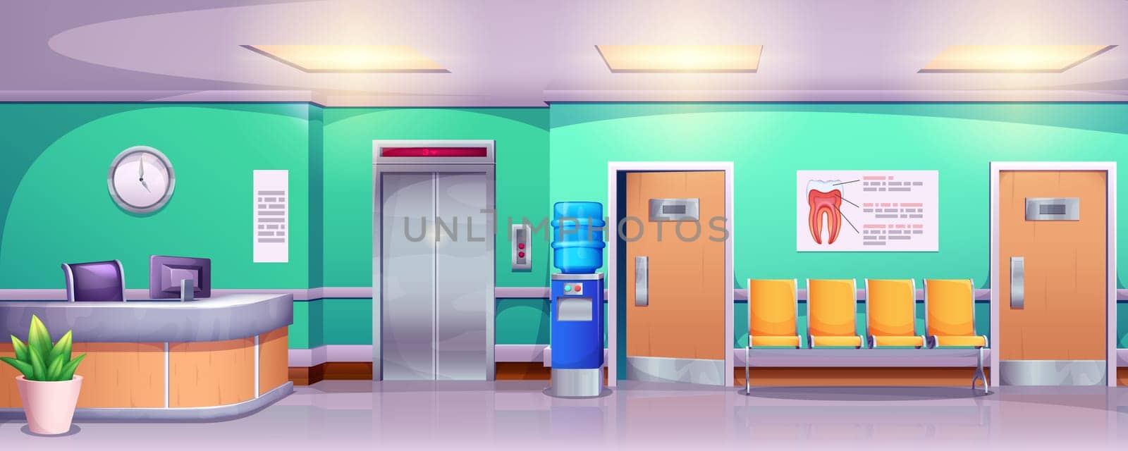 Cartoon stomatology clinic or hospital. Interior of empty dental hall or waiting room with chair, elevator, reception and doctor office doors. Tooth treatment, oral care and teeth hygiene concept.
