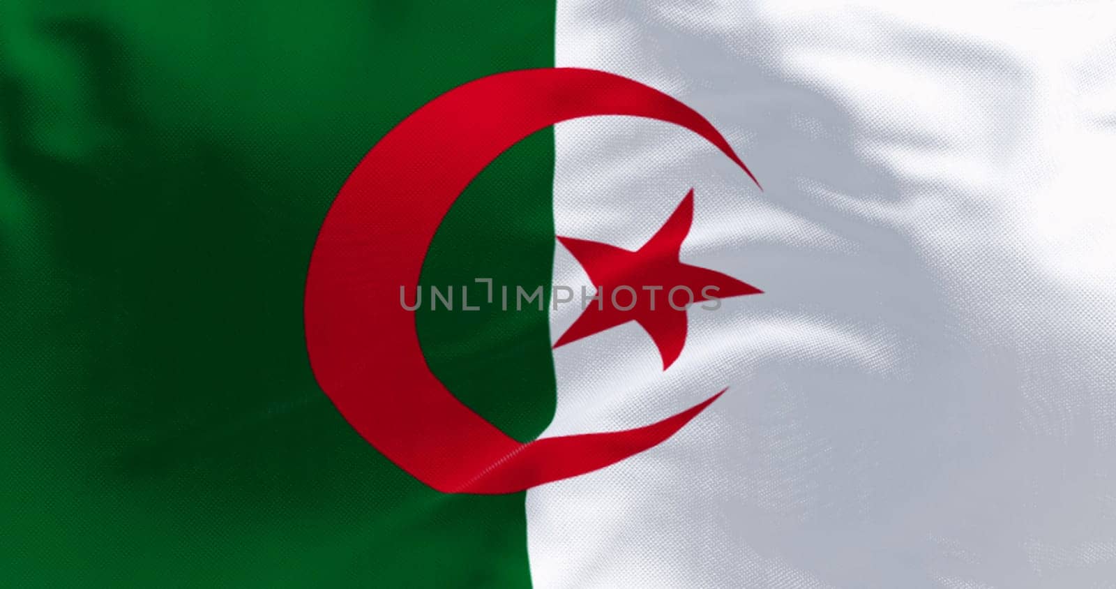 Close-up of national flag of Algeria waving on a clear day. two vertical bars, green and white, with a red star and crescent in the center. 3d illustration render. Fluttering fabric backgound