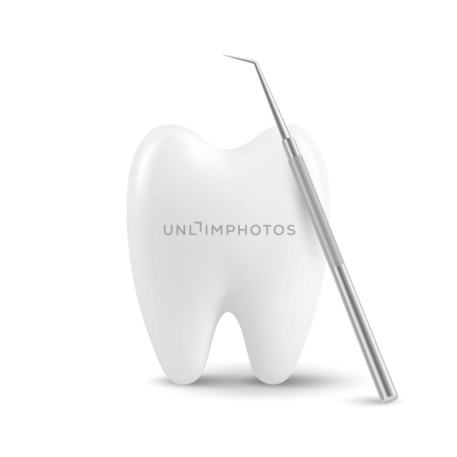 Vector 3d Realistic Tooth and Dental Probe for Teeth Closeup Isolated on White Background. Medical Dentist Tool. Design Template, Clipart, Mockup. Dentistry, Healthcare, Hygiene Concept.