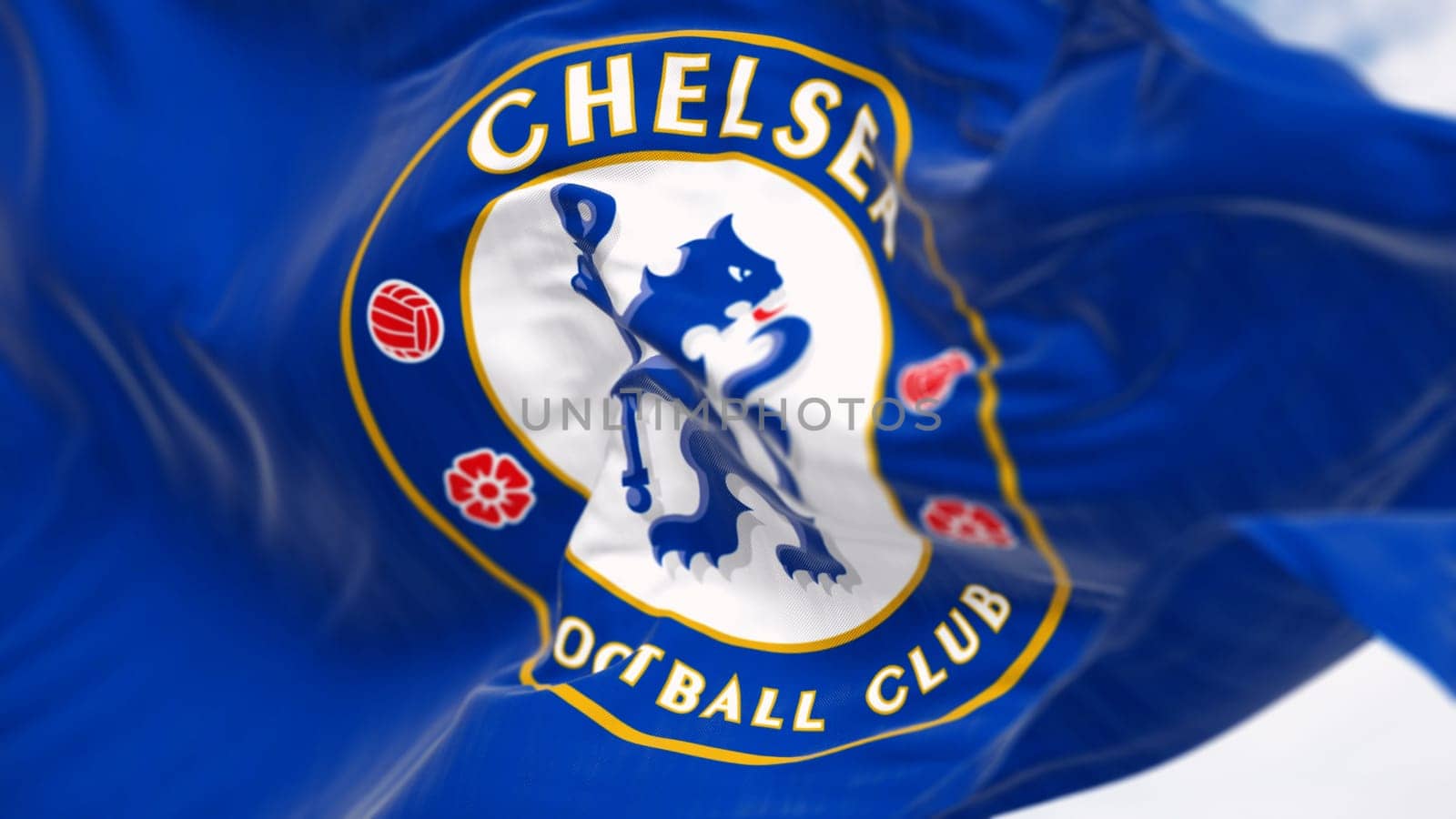 London, UK, Sept 10 2023: Close-up of Chelsea Football Club flag waving on a clear day. Blue Heraldic lion holding a staff. Illustrative editorial 3d illustration render. Fluttering fabric