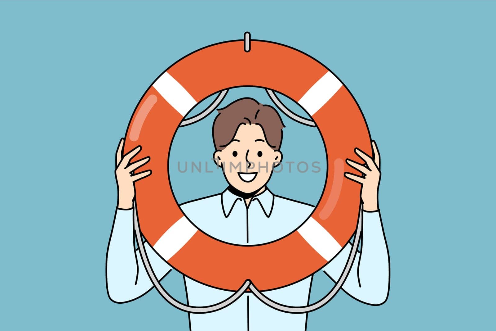 Business man holds lifeline offering help and crisis management services to companies in bankruptcy. Guy manager of big business takes care of safety and wants to save colleagues who are in trouble
