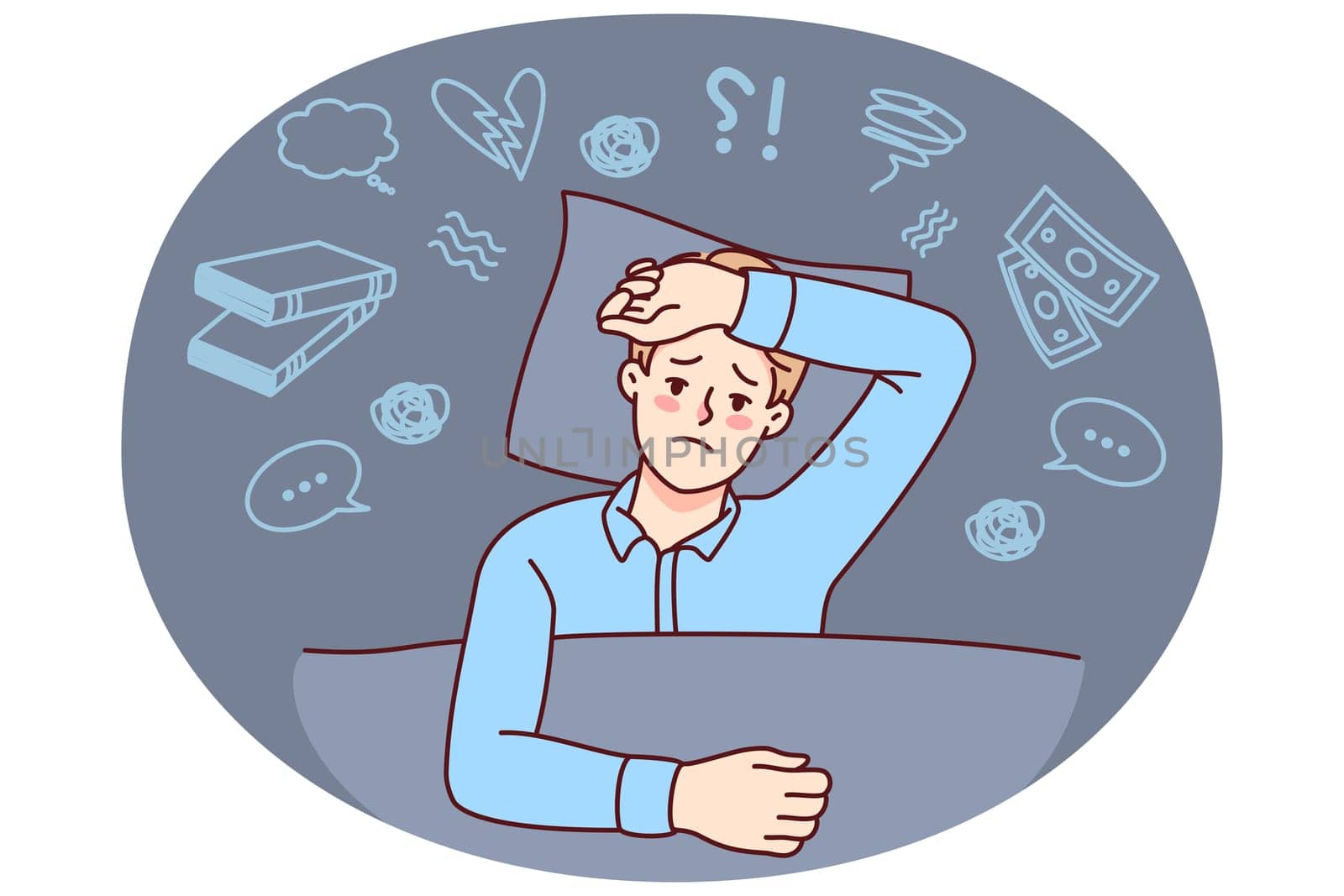 Unhappy man lying in bed suffer from insomnia overthinking. Stressed guy have sleepless night thinking too much. Vector illustration.