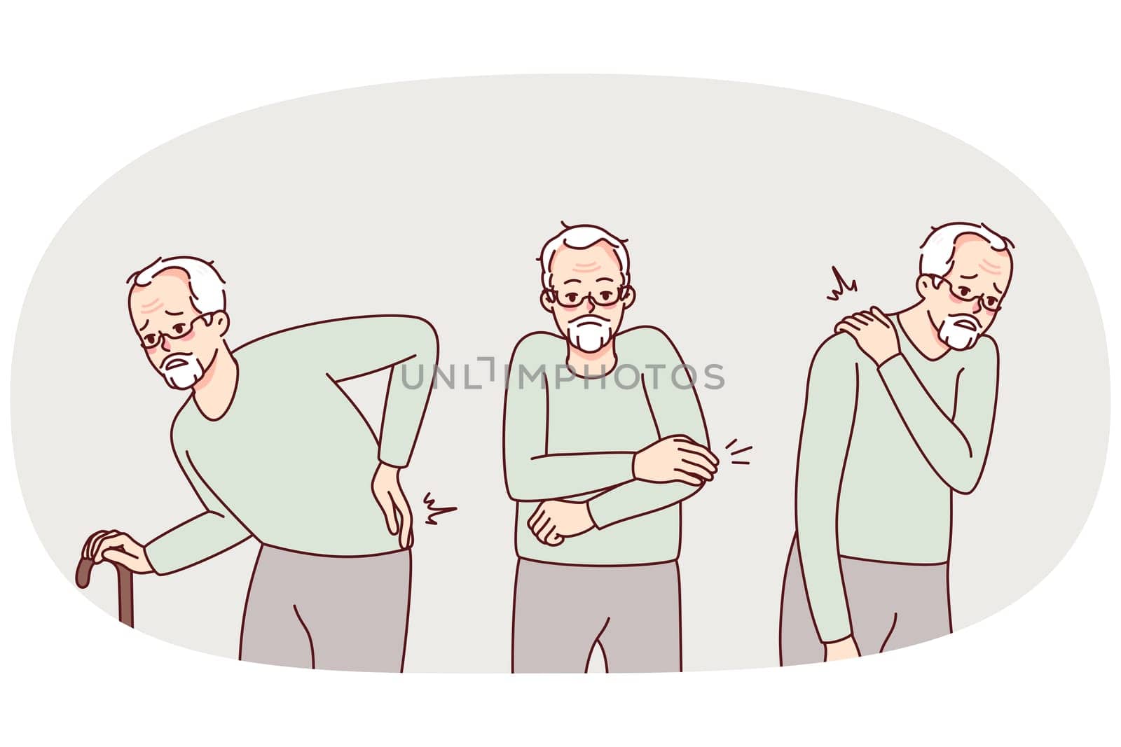 Unhealthy old man suffer from health problems. Unwell mature grandfather struggle with sickness or disease. Elderly healthcare and geriatrics. Vector illustration.