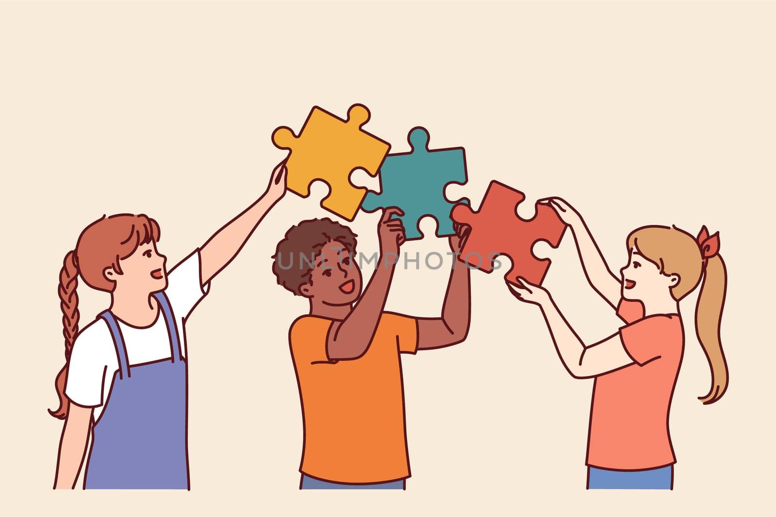 Diverse kids hold puzzle pieces as together solve problem together and demonstrate teamwork in learning process. Friendly multiethnic kids learn communication and collaboration to achieve goals