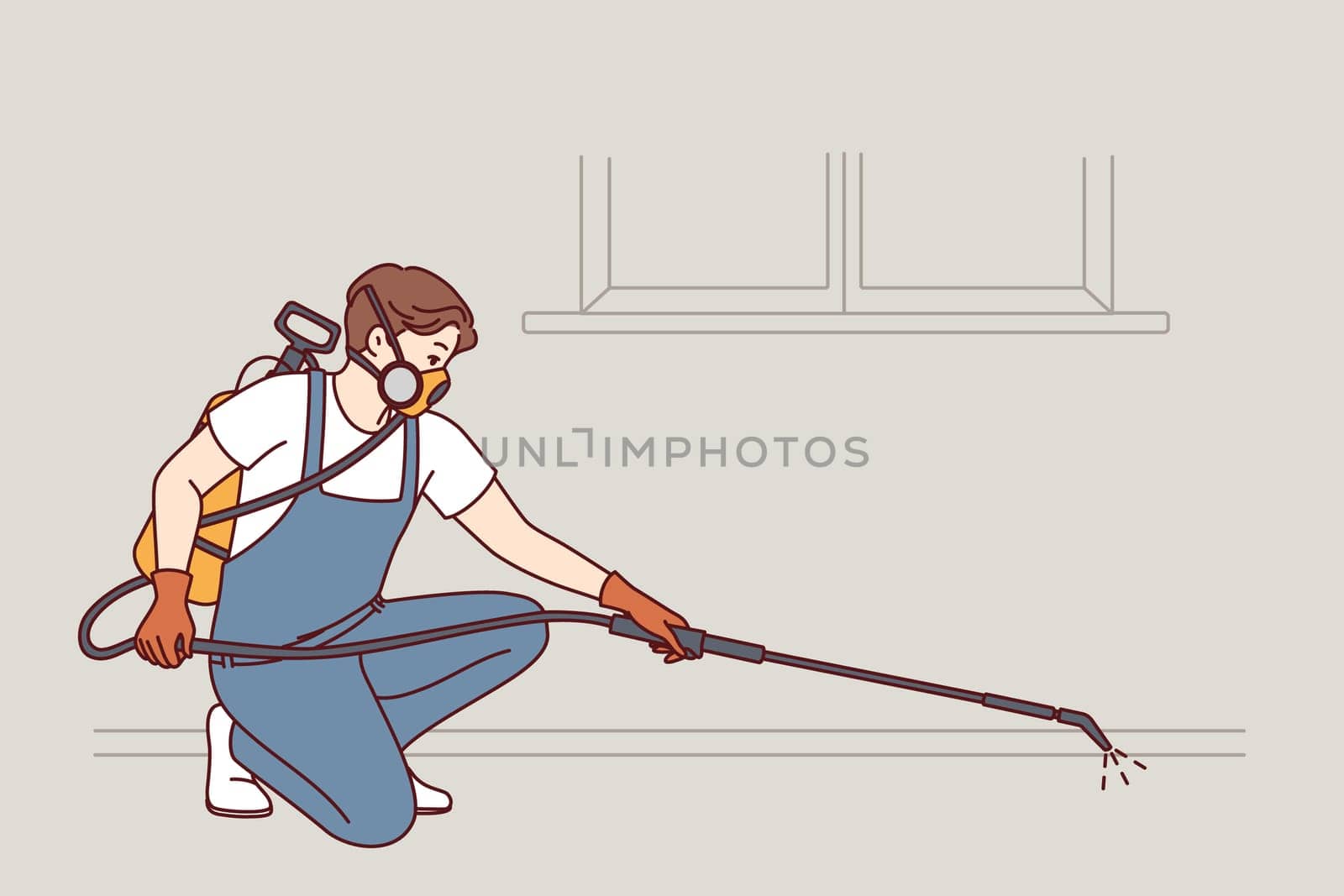 Man doing pest control using disinfection equipment and spraying liquid to kill insects. Employee of cleaning company in respirator makes disinfection of premises to get rid of rats and rodents.