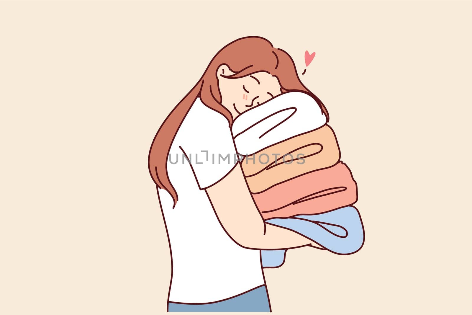 Woman with multicolored clothes in hands, enjoys softness of towels after using fabric softener to wash. Girl holds clothes collected by charitable foundation to support poor people.