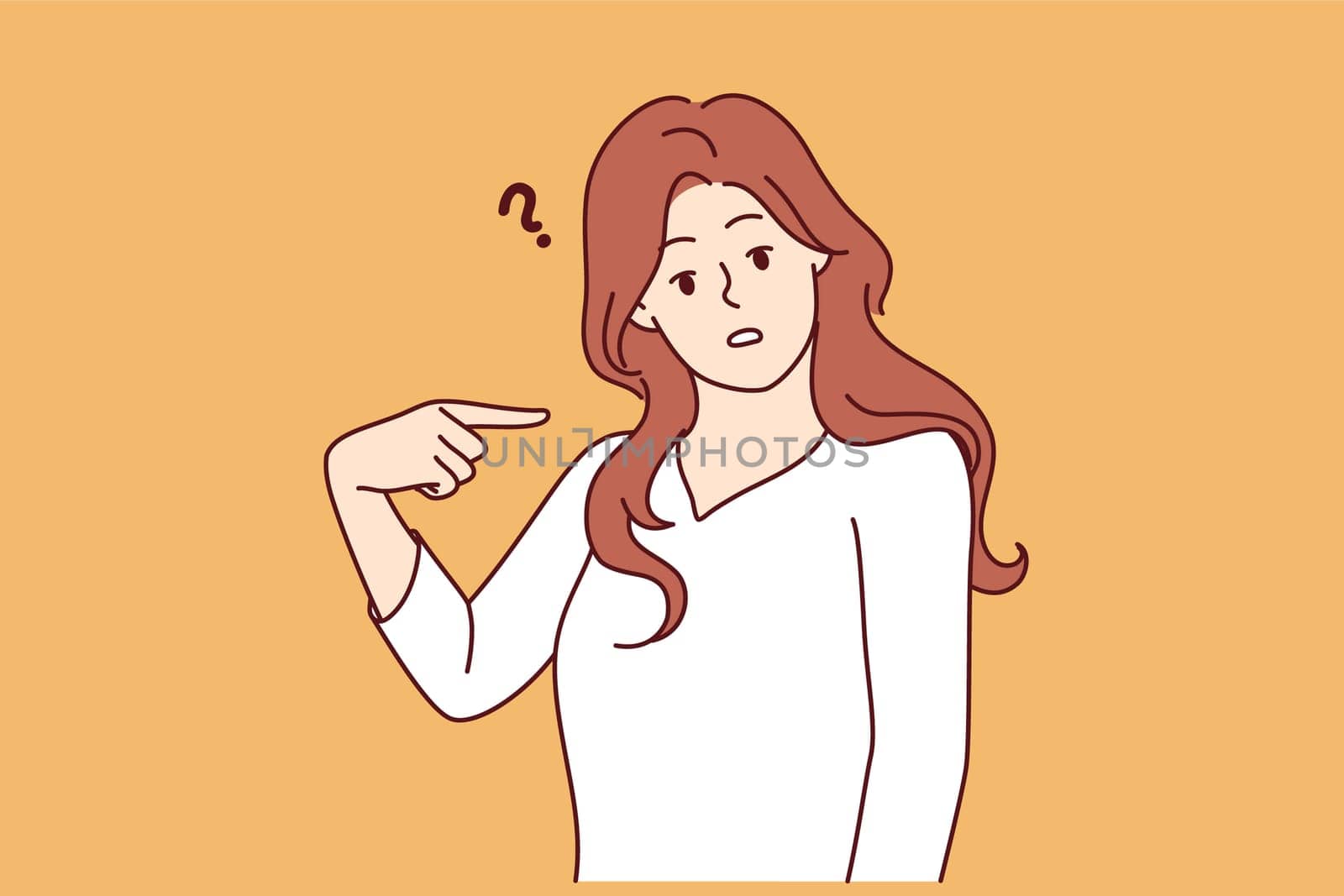 Embarrassed woman points finger at herself and looks puzzled at screen after hearing strange question. Embarrassed girl feels awkward because of incorrect statement or accusation against her