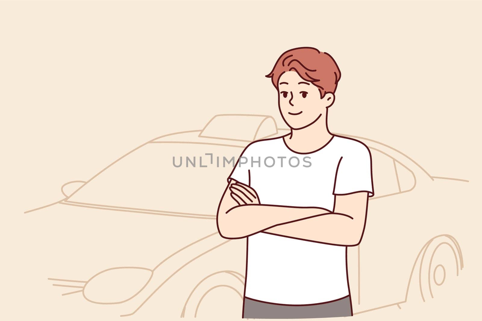 Man stands near taxi car and crosses arms, posing before long trip to work. Young guy is taxi passenger located on city street and looks at camera offering to use services of transport company.