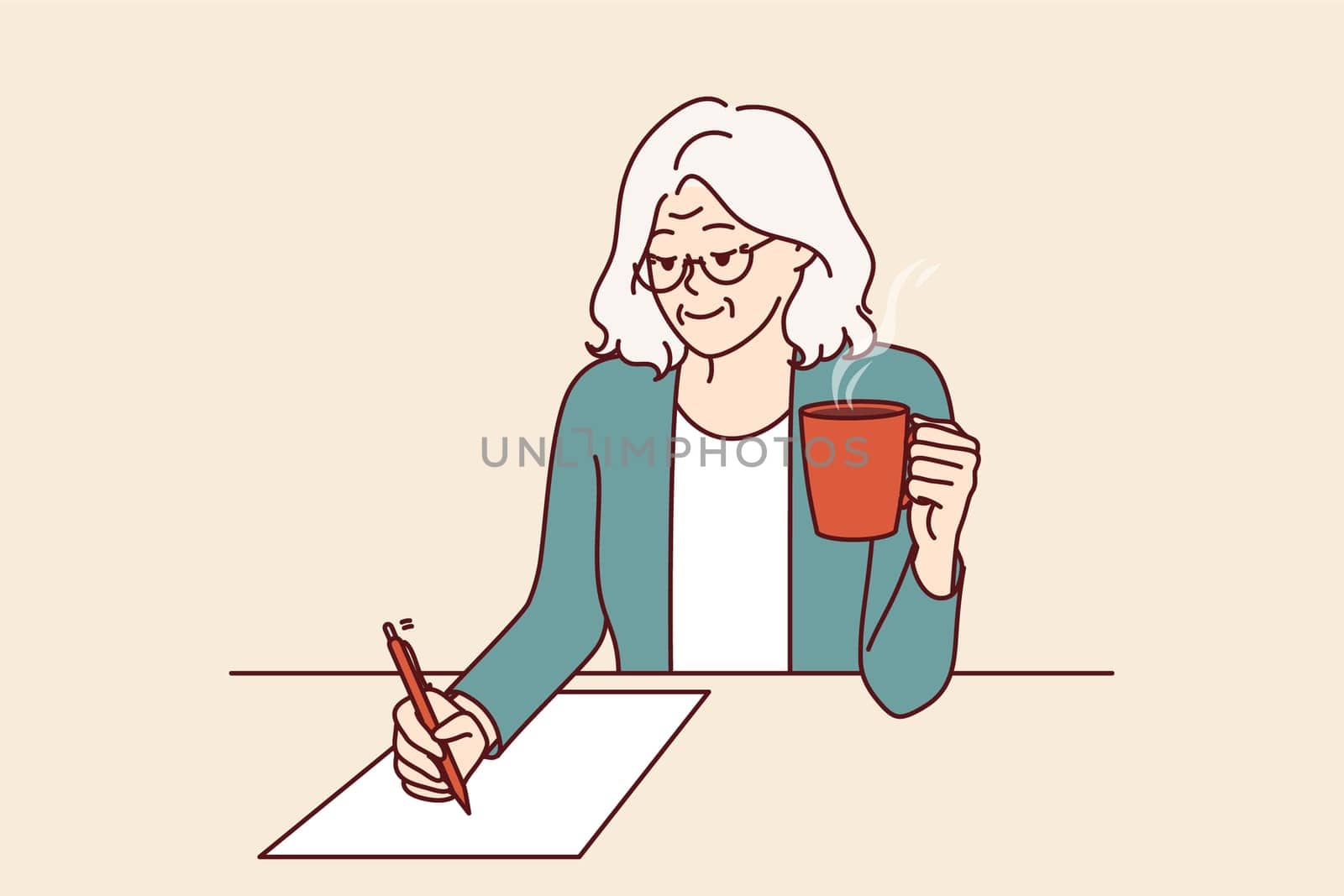 Elderly woman is writer, drinking coffee and sitting at table, inventing new book of bestseller and writing down text on paper. Grandmother with pen smiles and writes will or makes legal deal