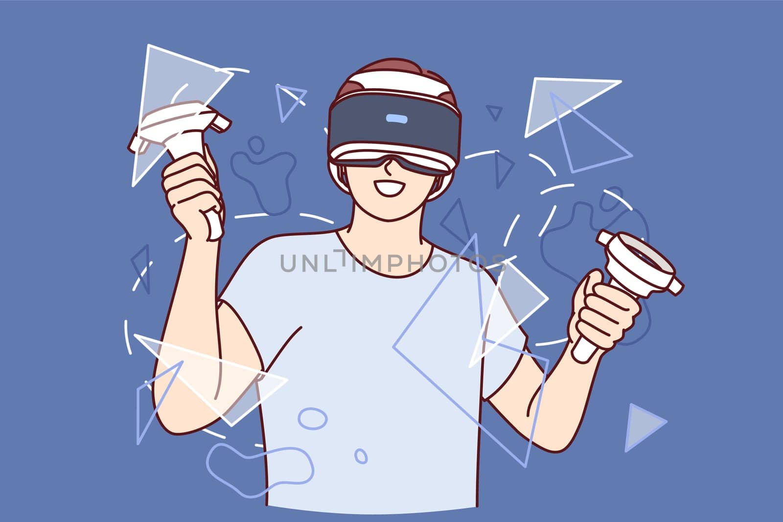 Guy with virtual reality headset on face, holds joysticks for video games and stands among rendered broken glass. Teenager boy uses vr glasses and studies virtual or augmented reality technologies