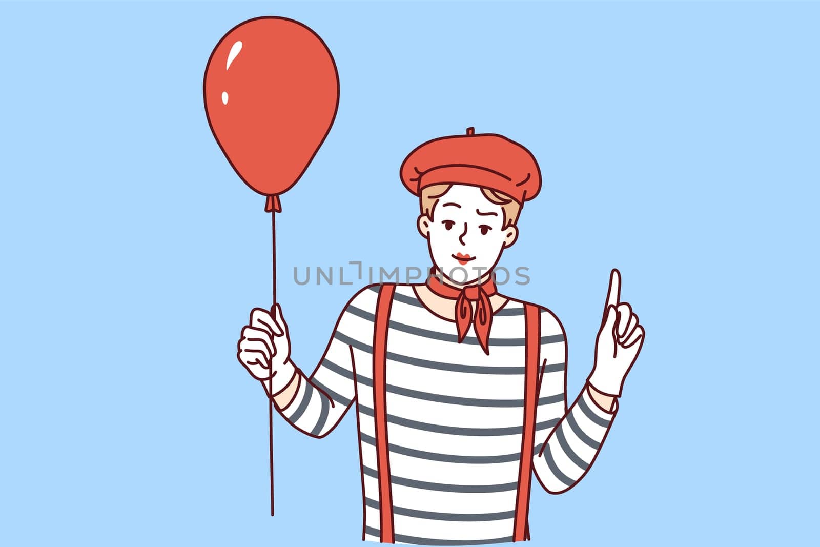 Mime man holding red balloon and pointing finger up, participating in pageant or circus. Mime guy with white face, dressed in long-haired t-shirt and getting ready to make audience laugh