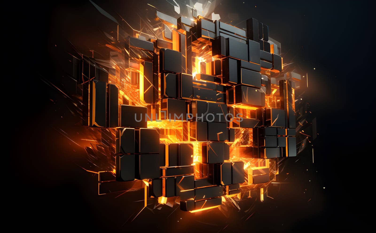 Abstract image of fire and explosion behind metallic black cubes wall - AI generative