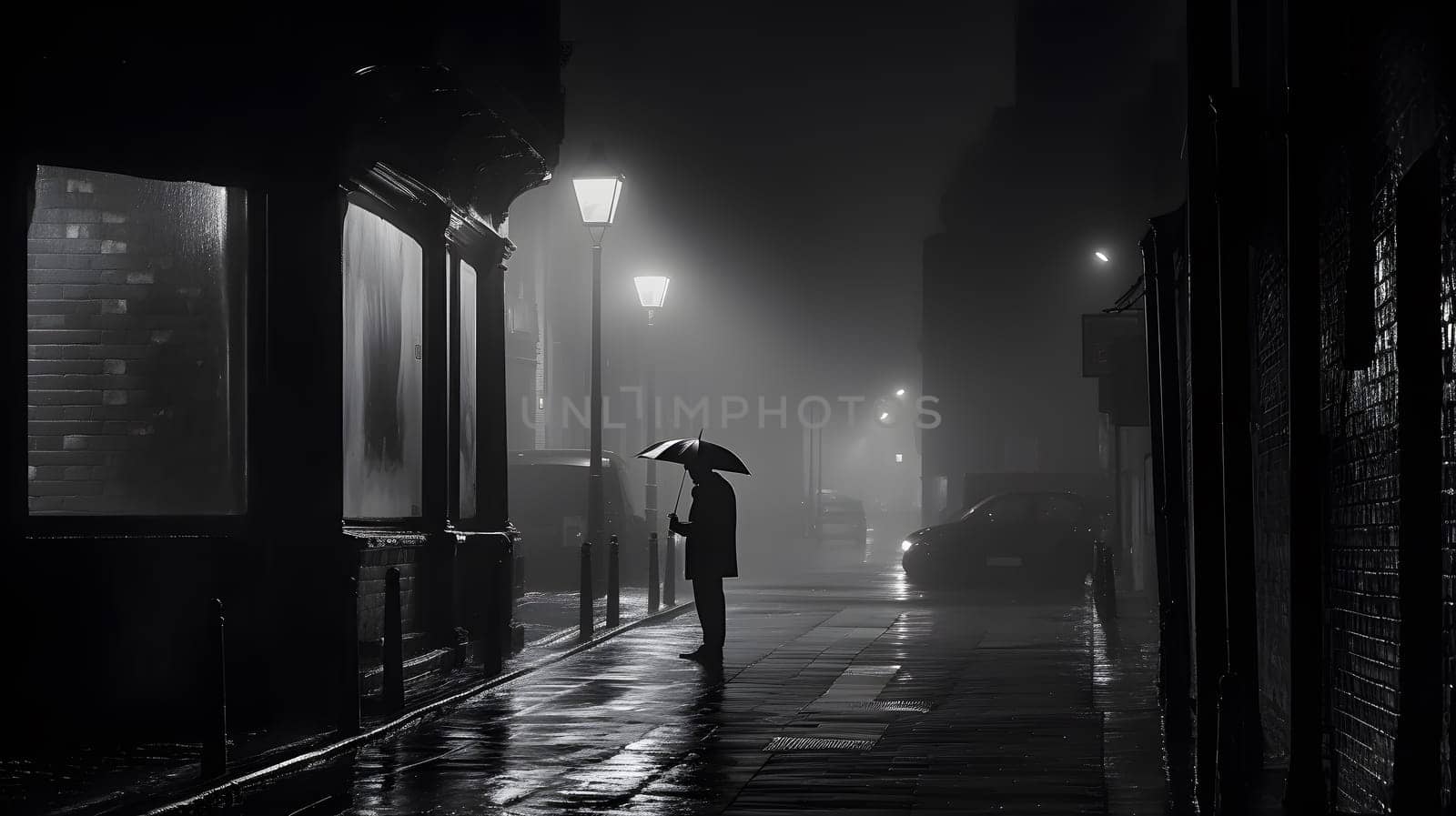 man under the rain with an umbrella walking in a dark street - black and white image