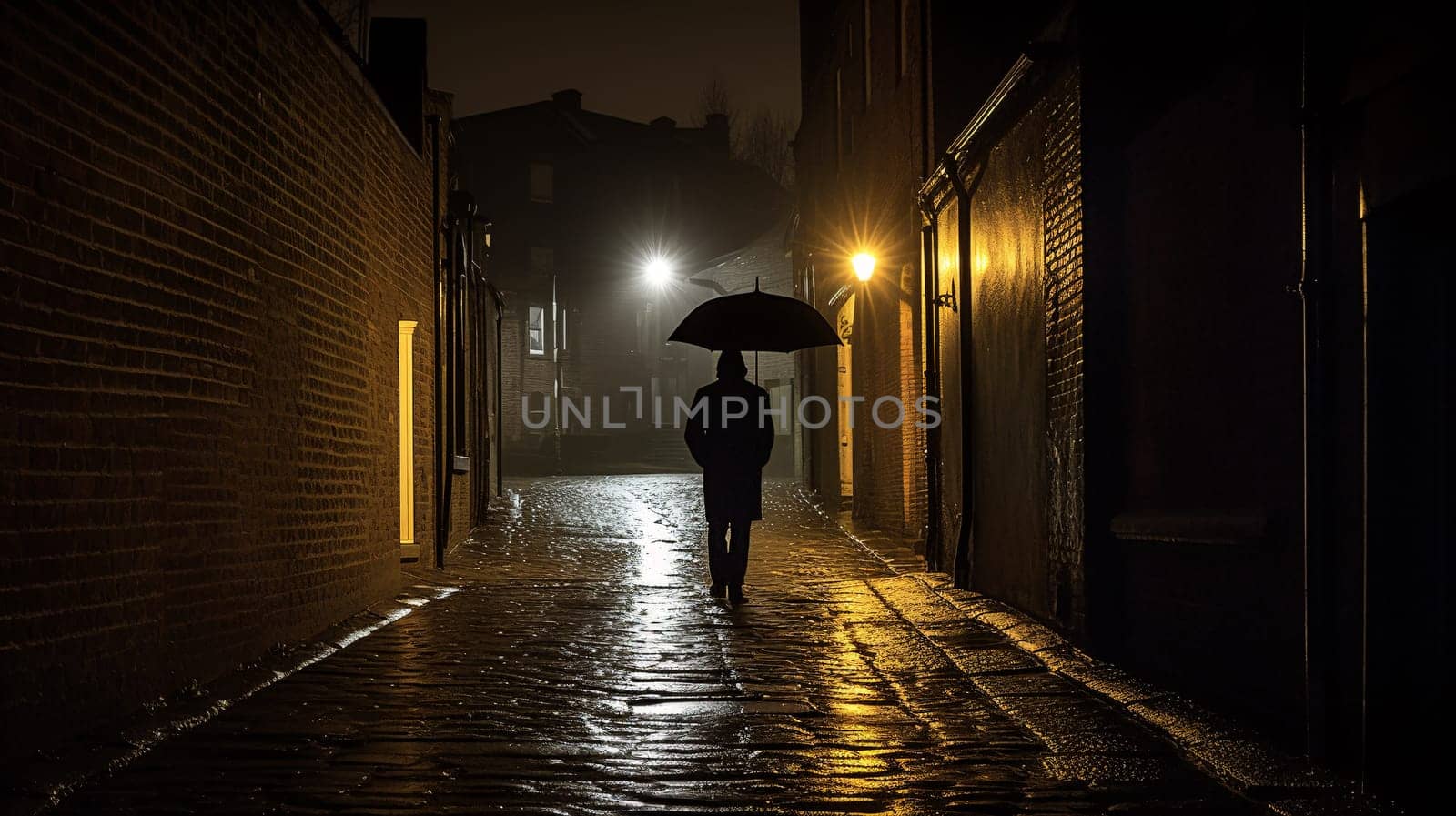 man under the rain with an umbrella walking in a dark street - black and white image