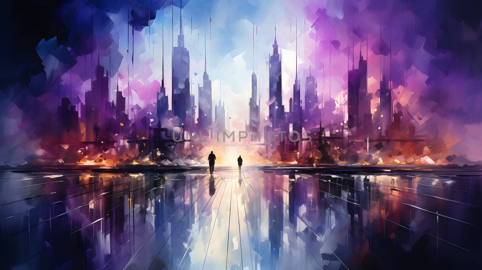 abstract painting of a city with skyscrapers and a tram - AI generative