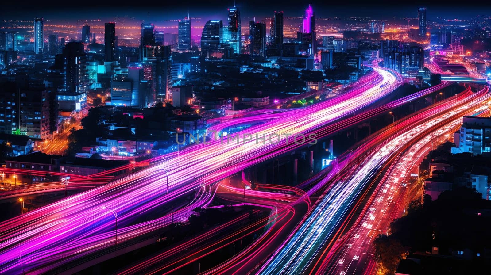 aerial city scene of a colorful cityscape showing highways and a traffic light trail, generative AI