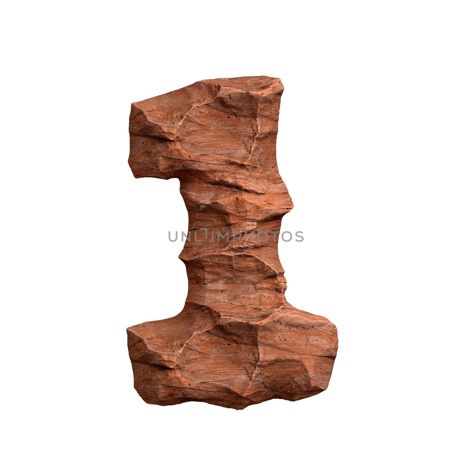 Desert sandstone number 1 - 3d red rock digit isolated on white background. This alphabet is perfect for creative illustrations related but not limited to Arizona, geology, desert...