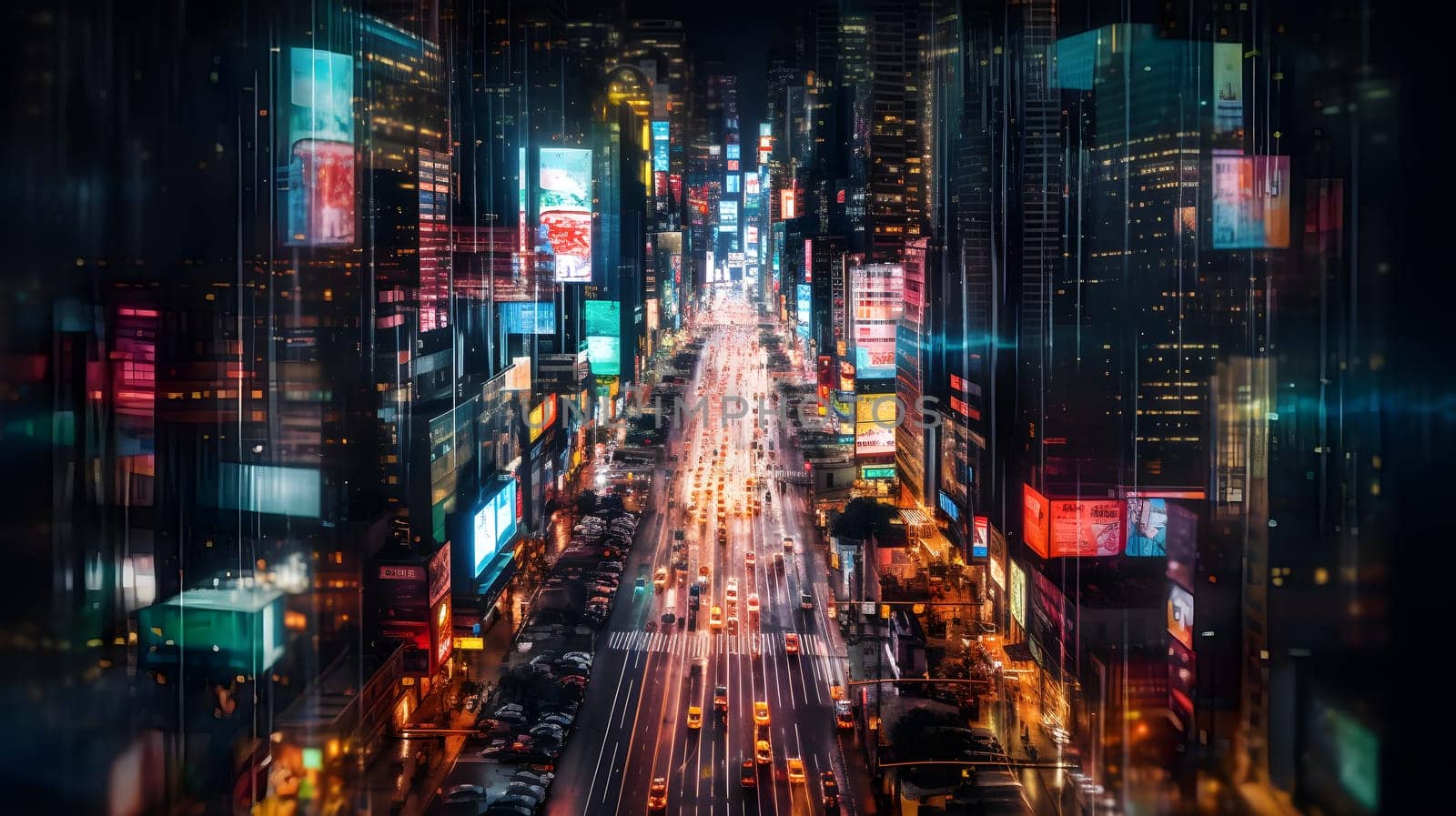 a futuristic cityscape with a lot of lights at night - AI generative
