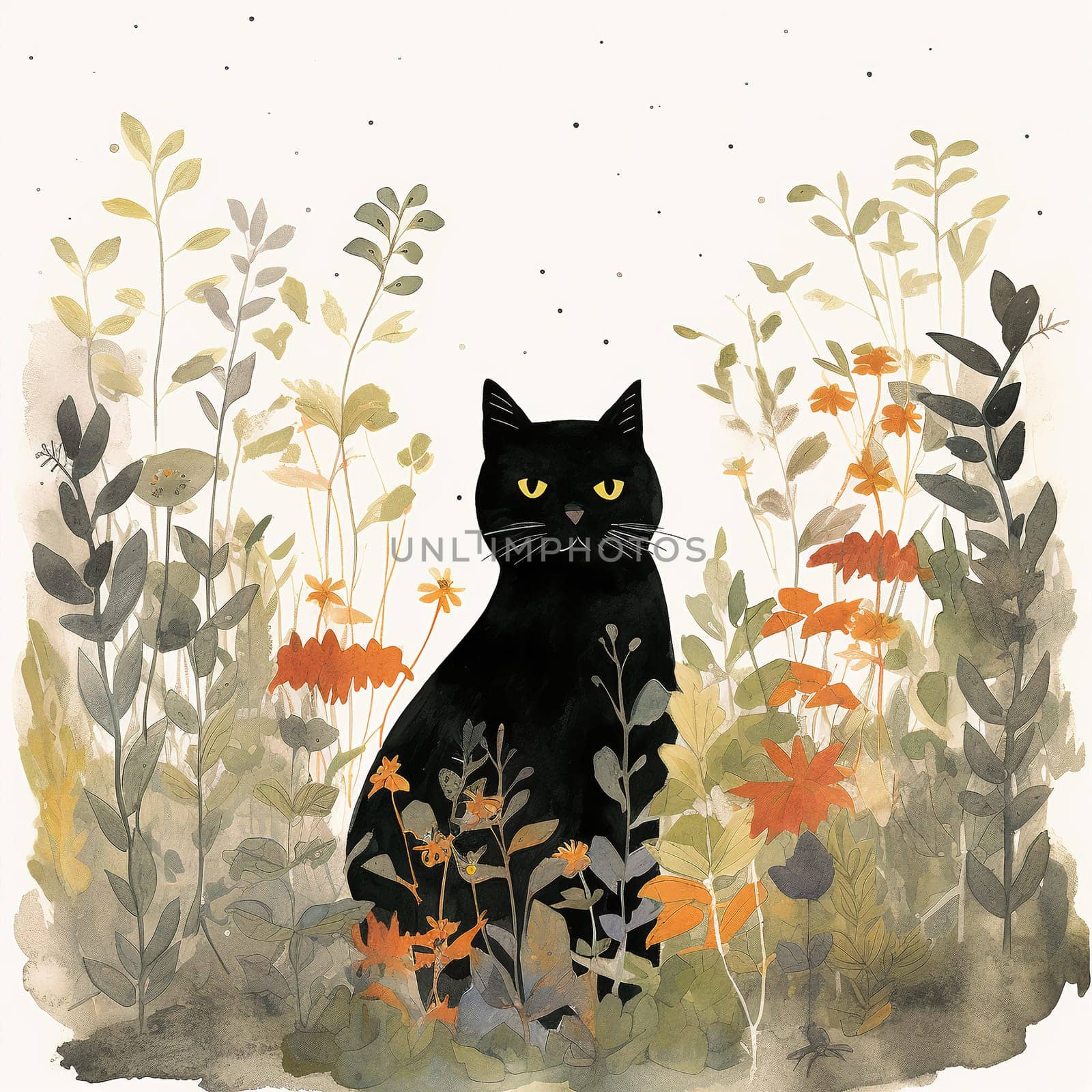 a black cat in a field of flowers - naive painting - AI generative