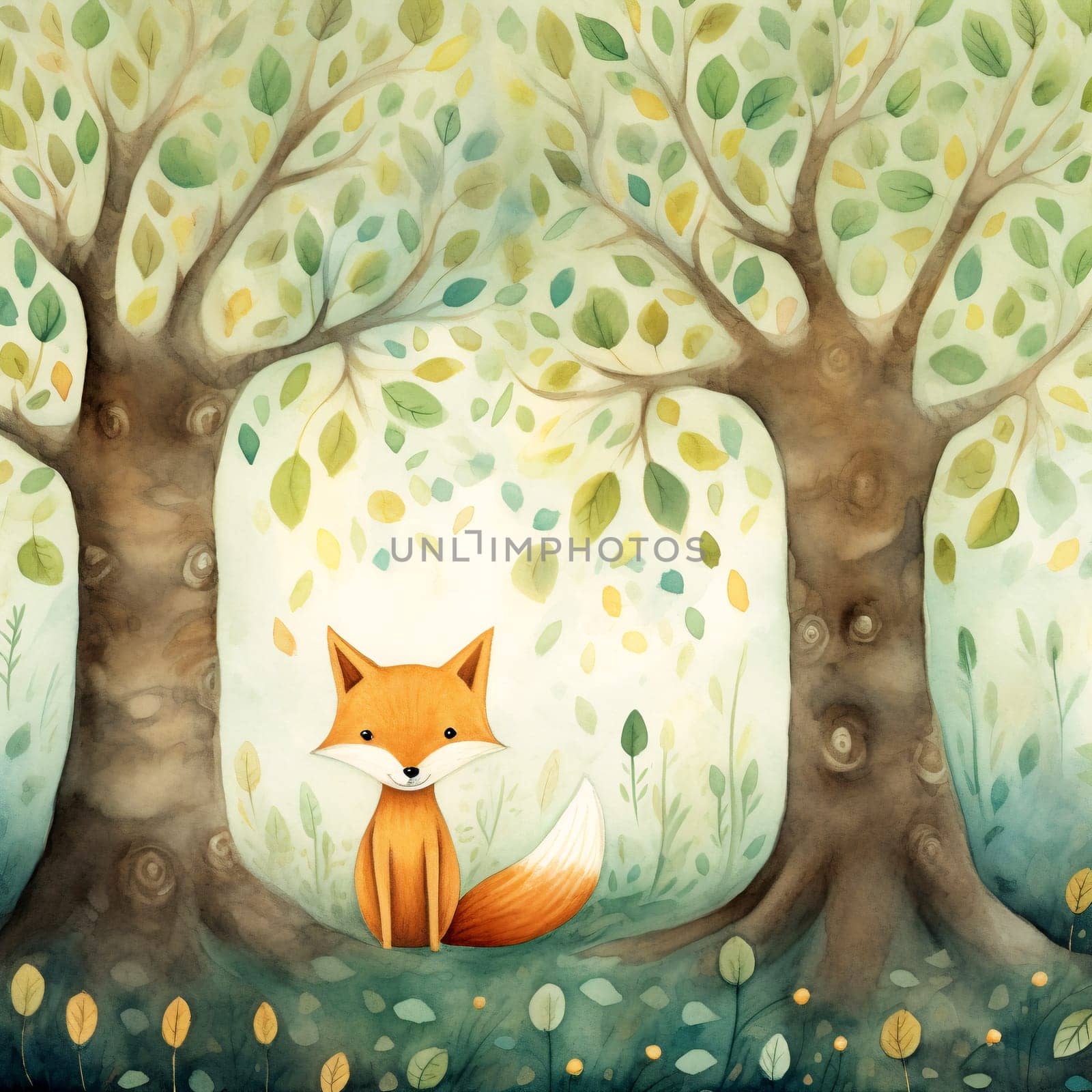 a naive illustration depicting a fox sitting in a forest - AI generative