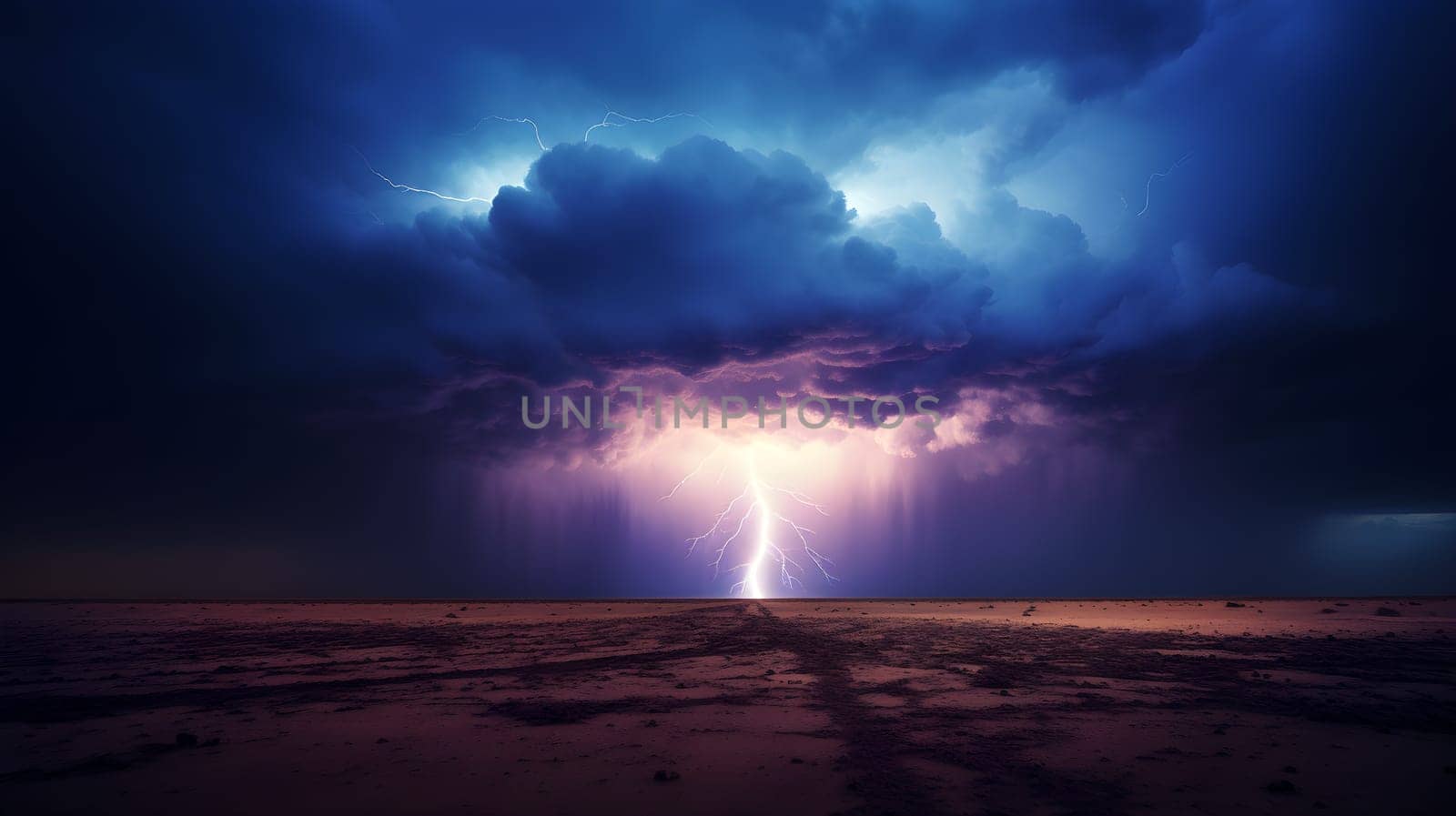 a lightning storm with dramatic clouds over a desert area - AI generative