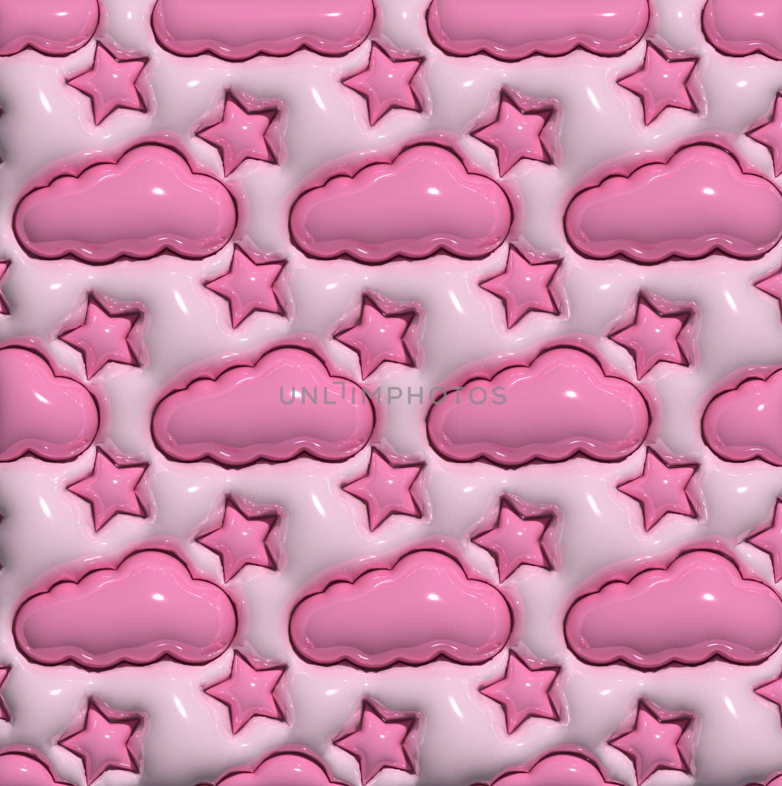 Abstract pink background with white puffy clouds and stars, 3D rendering illustration