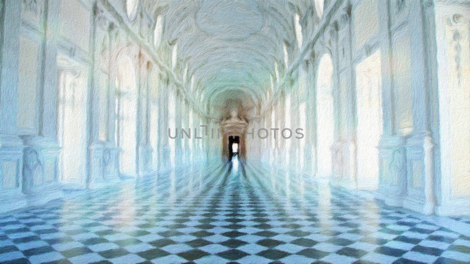 Creative illustration of Reggia di Venaria Reale gallery - Italy. Luxury marbles in baroque Royal Palace
