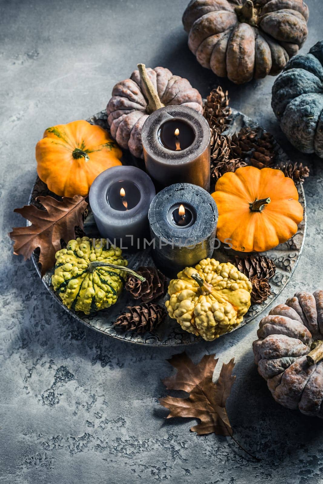 Autumn fall cozy mood composition for hygge home decor.  Candles and pumpkins for Thanksgiving in grey tone