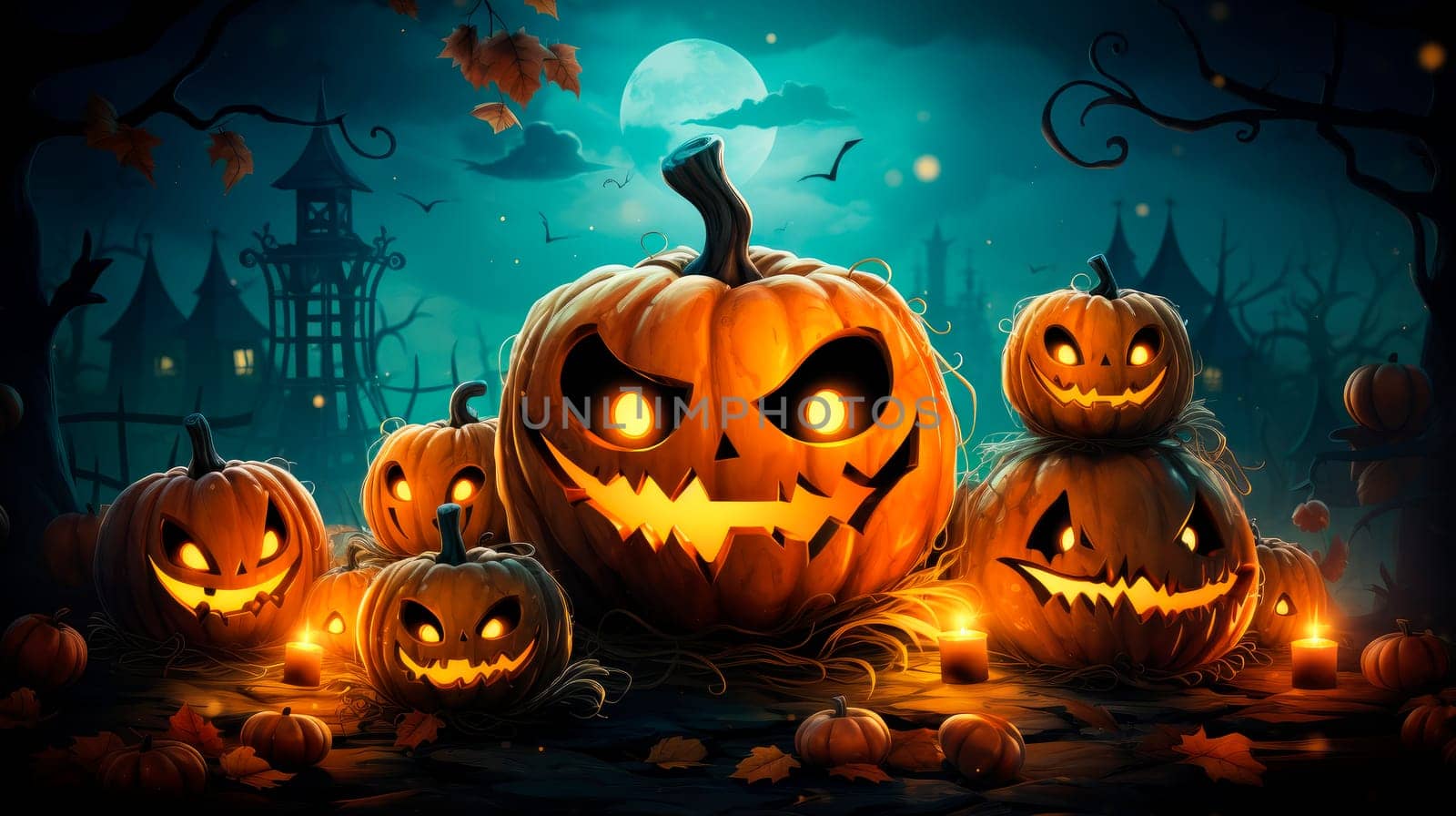 Halloween abstract funny pumpkins in the dark night under the moonlight. Halloween theme with pumpkins at Halloween night. AI generated