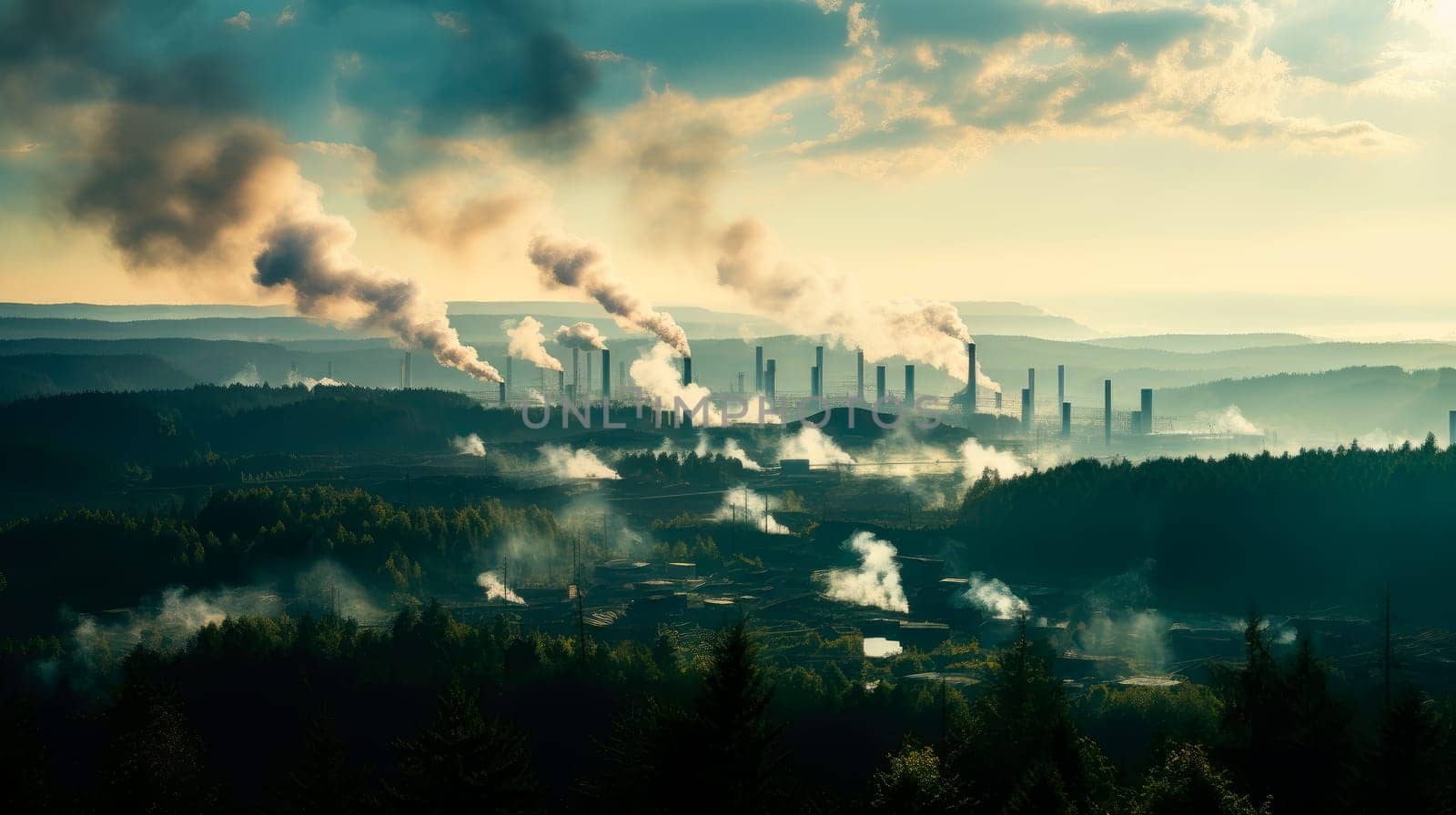 Green forest and industrial metallurgical plants, chimneys with heavy smoke. Aerial view of steel plant. Air pollution and emission ecology problem concept. AI generated