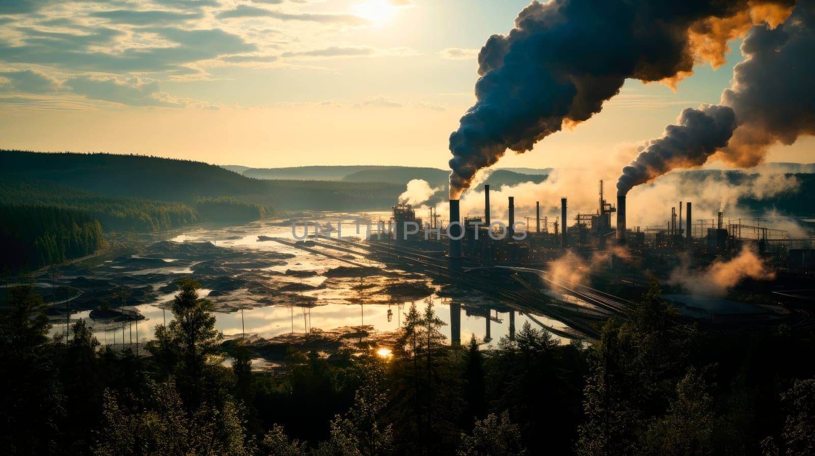 Green forest and industrial metallurgical plants, chimneys with heavy smoke. Aerial view of steel plant. Air pollution and emission ecology problem concept. AI generated