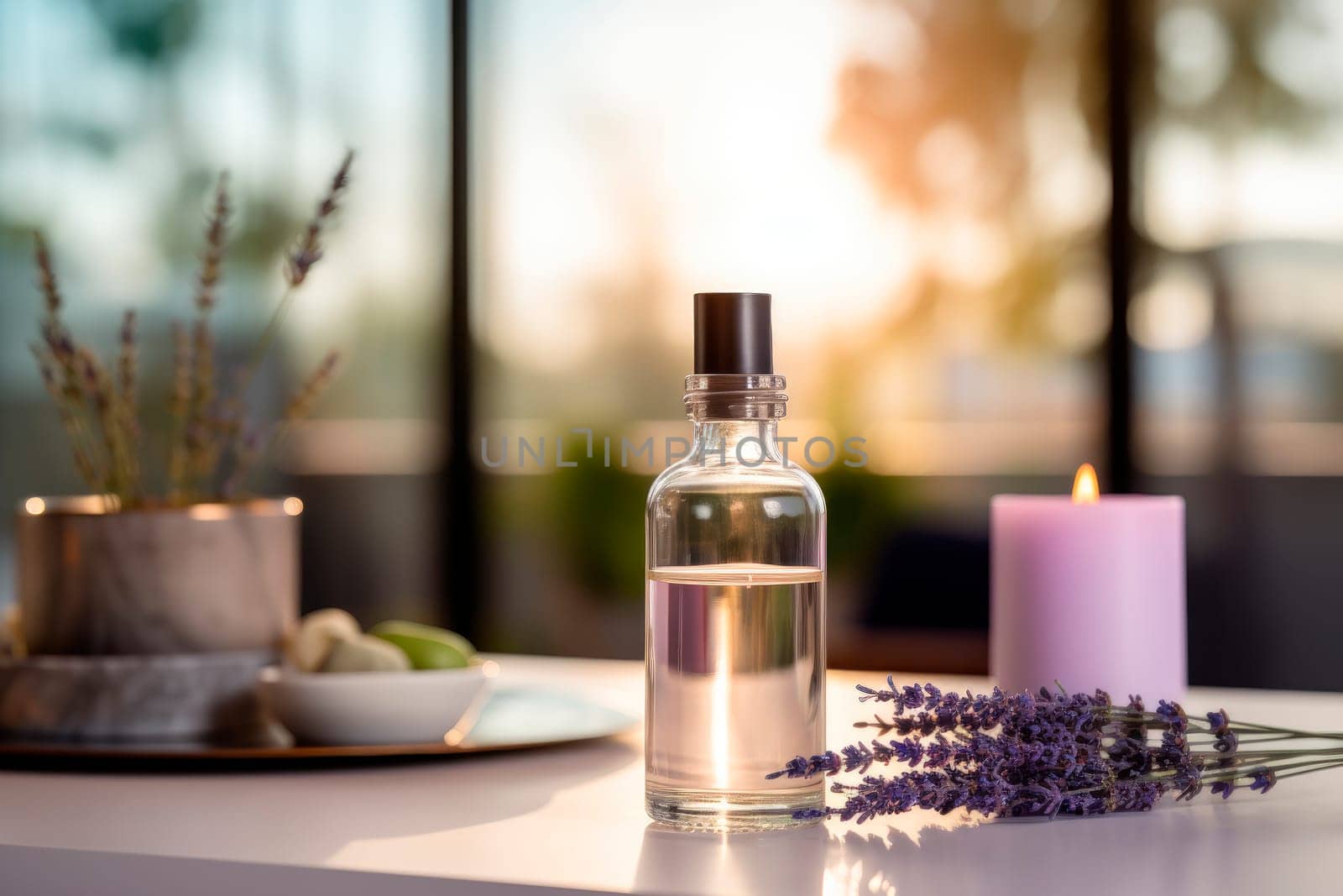 A bottle of essential oil with fresh blooming lavender twigs. Oil from a Lavender flowers. AI generated