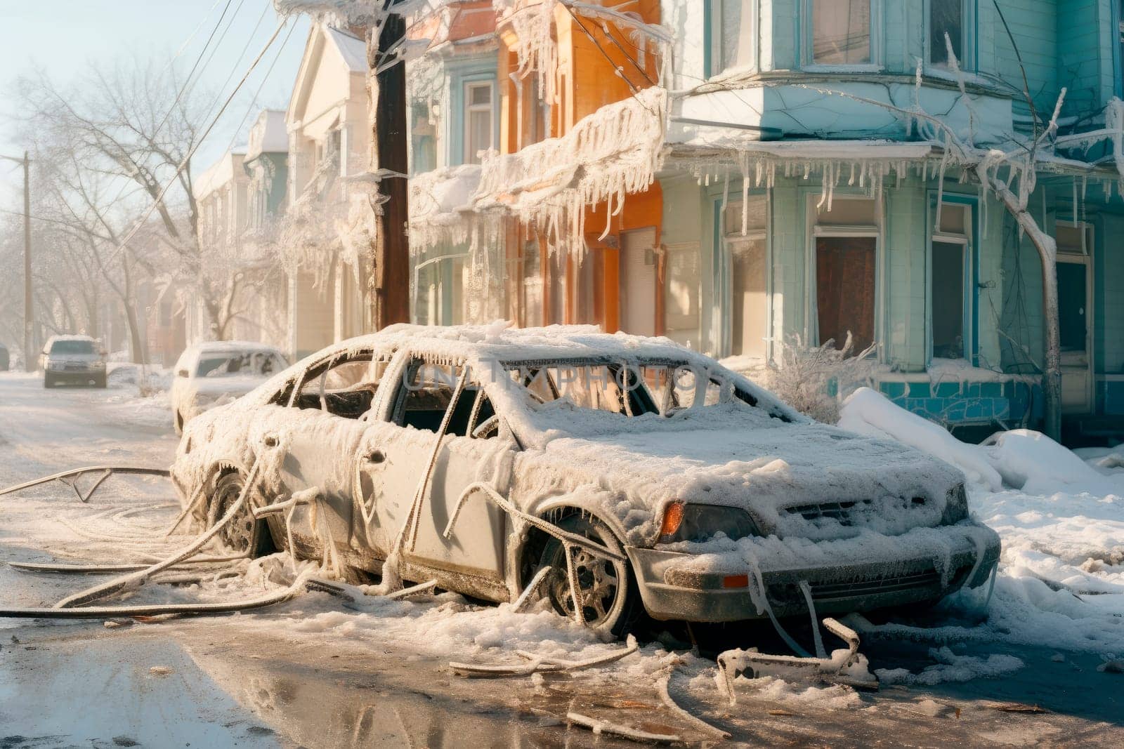 Ice covered frozen car at winter. City destroyed by the ice after extreme cold weather. Climate changing effect.AI generated