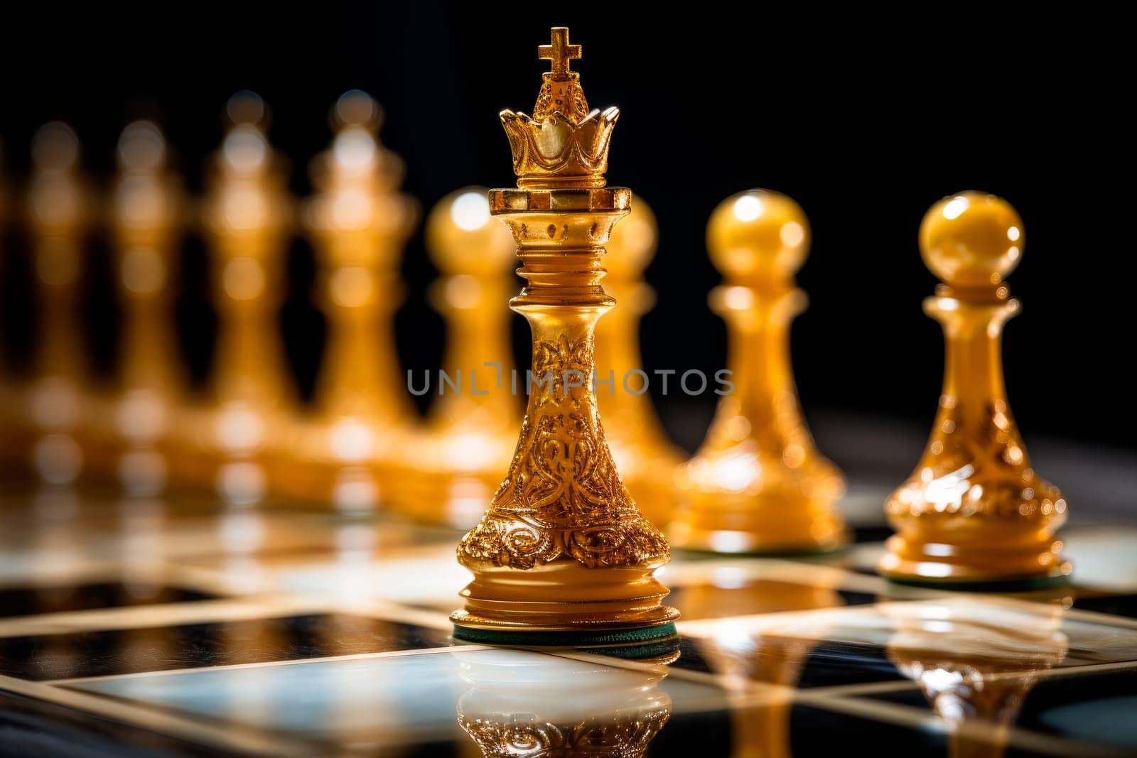 Golden Chess. Golden King chess standing in front of other chess. Concept of a leadership and business vision for a win in business games.Elite Business Team Leader.AI generated