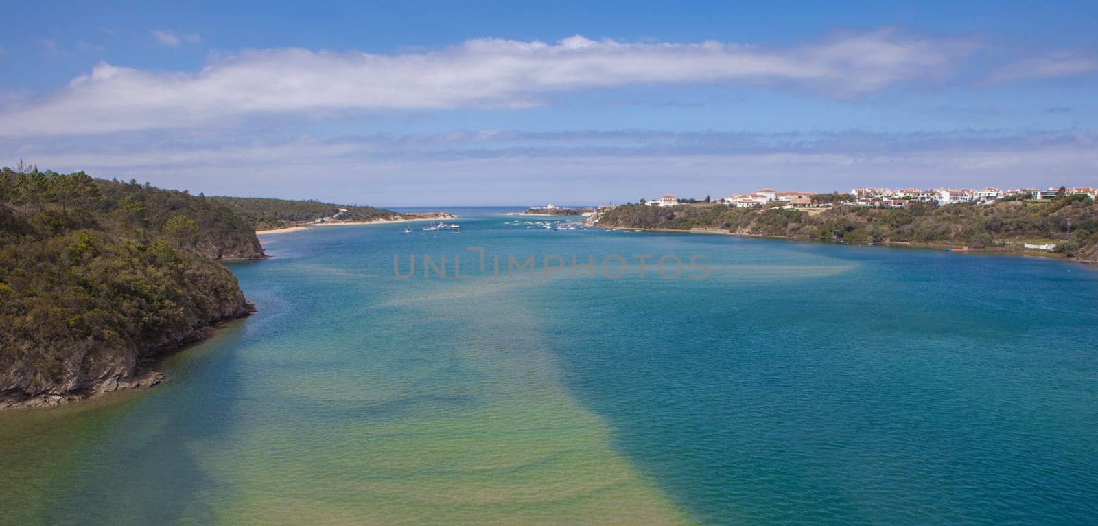 Vila Nova de Milfontes street. Little picturesque town on the Alentejo coast, Portugal. Overview from the bridge