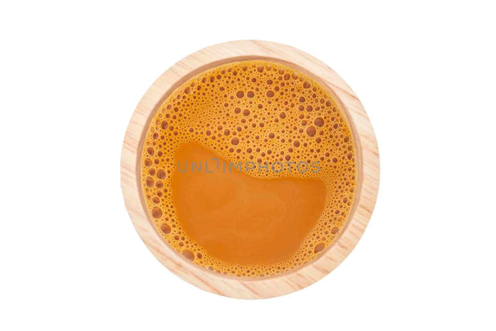 Drink relax concept, Hot milk tea in a wooden cup on isolated on white background, Hot milk tea relax time